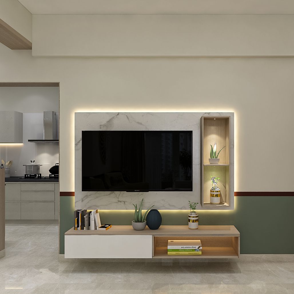 Modern TV Unit Design With A Marble Back Panel