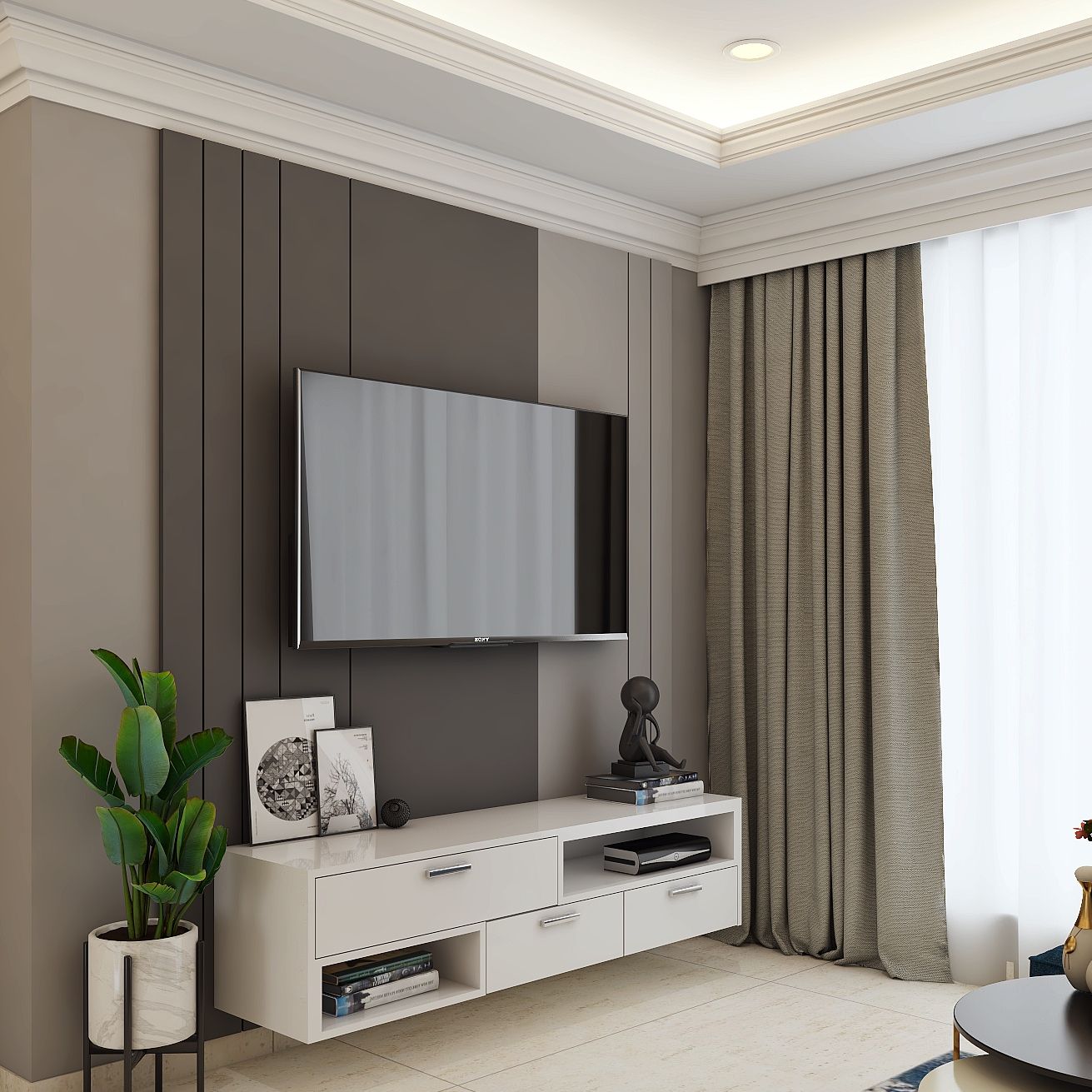 White Wall Mounted TV Unit With Drawers Livspace