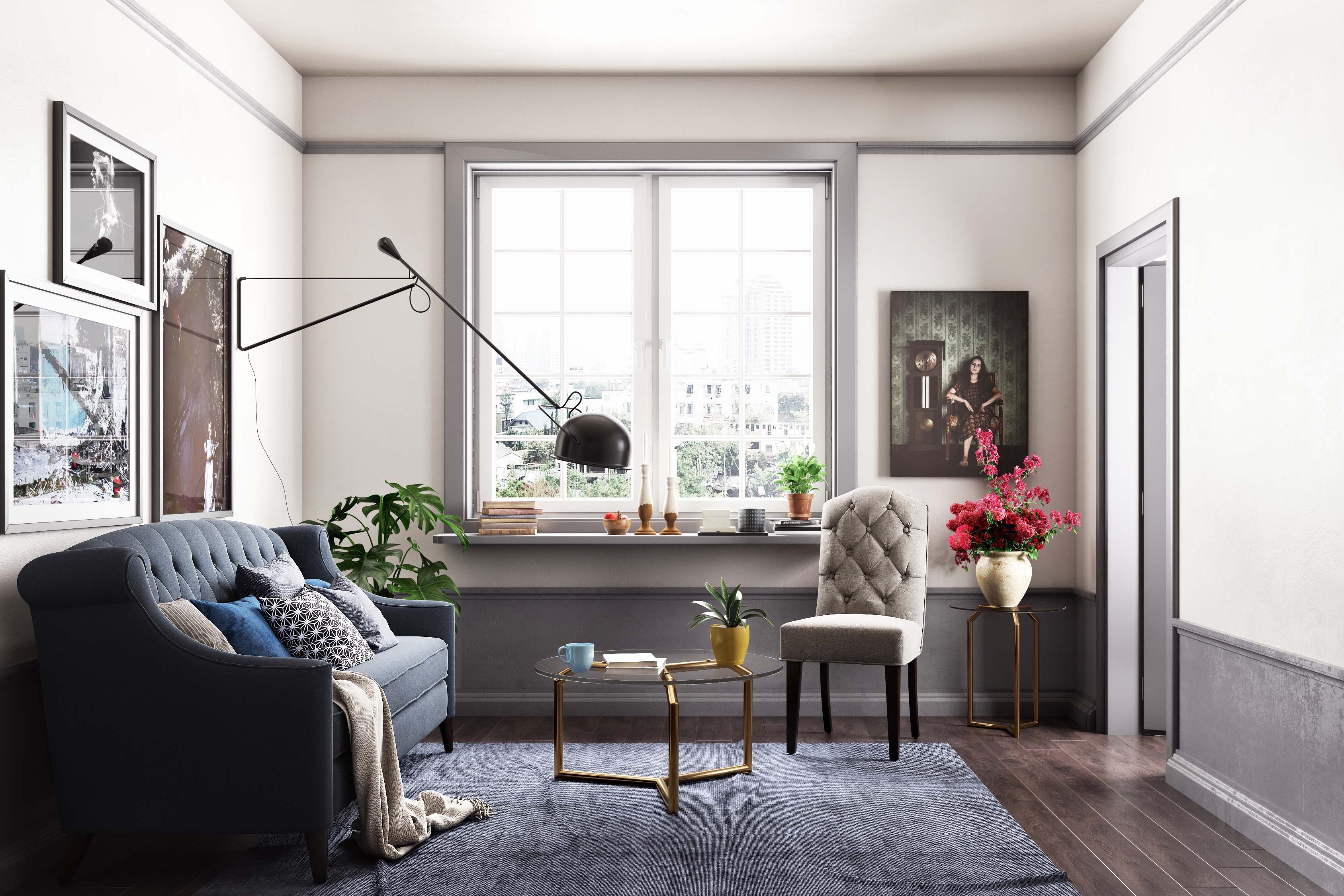 White And Grey Wall Design With Crown Molding Livspace