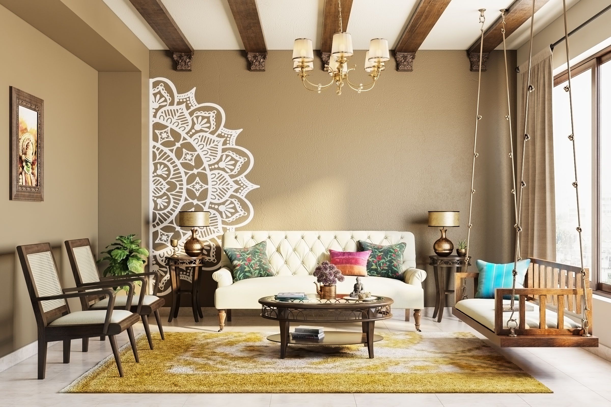 Tan Wall Design With White Mandala Art Livspace