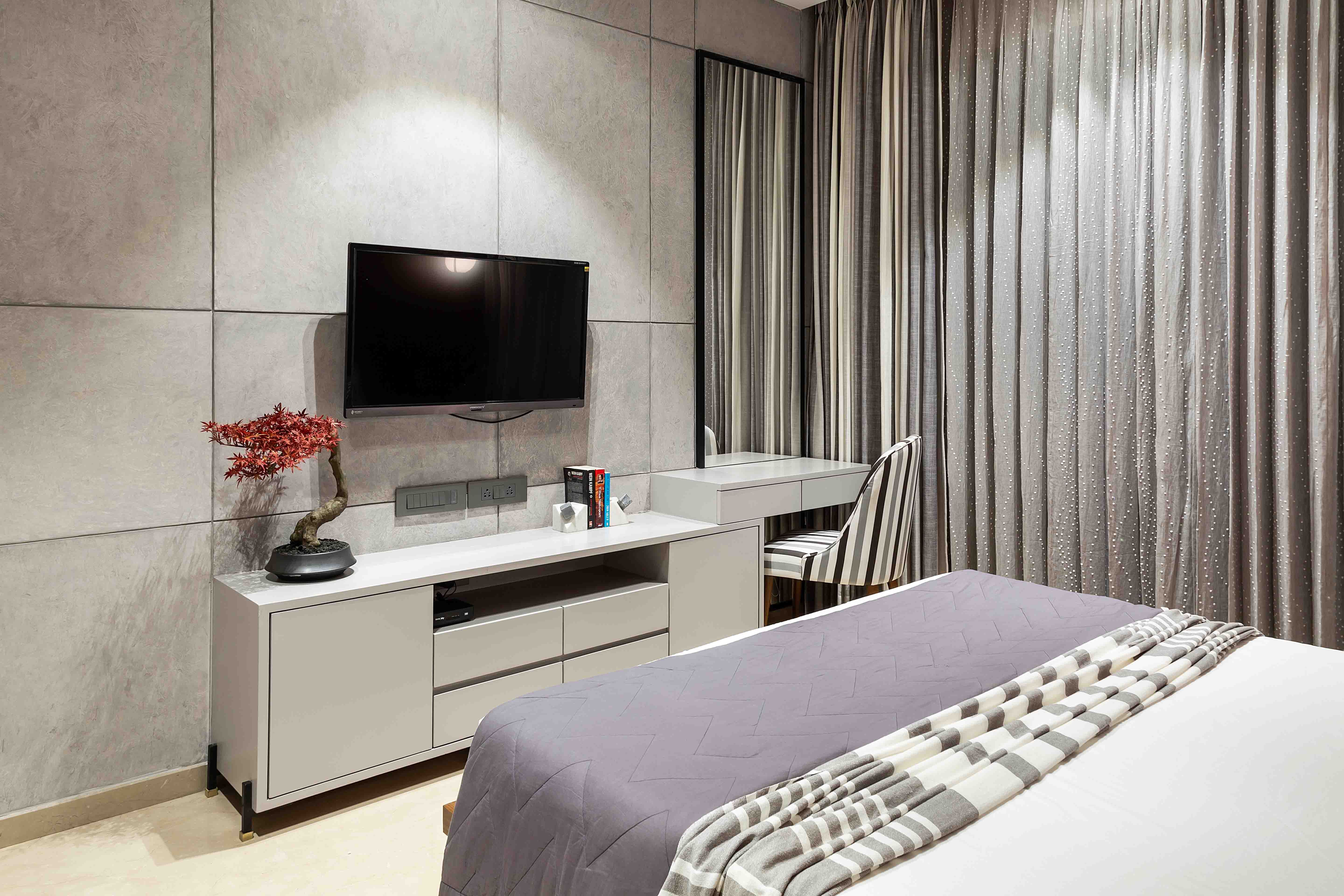 Modern Grey Bedroom Wall Design With Grooves And Textured Paint