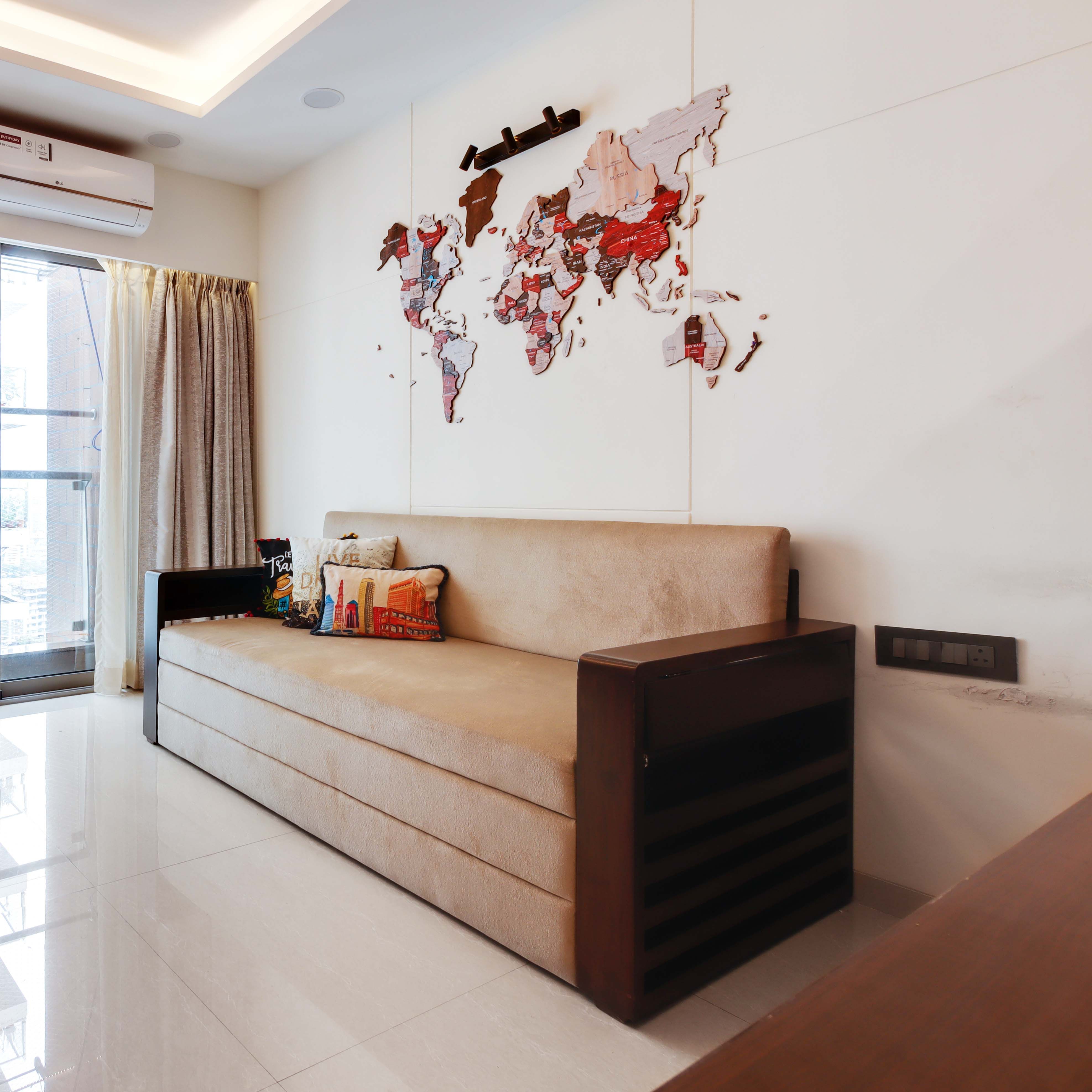 Modern Living Room Wall Design With World Map Stencil