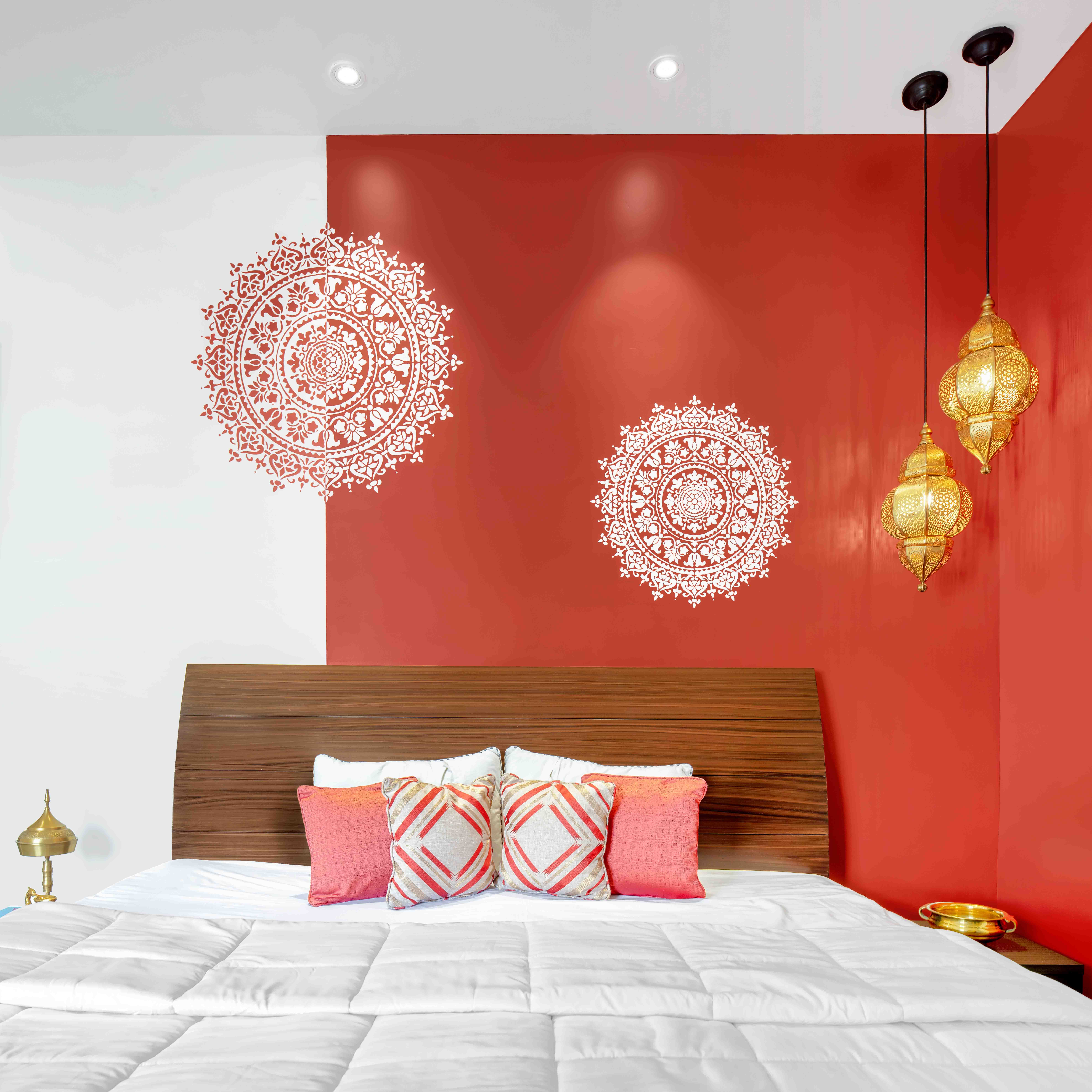 Modern Red And White Bedroom Wall Paint Design With Geometric Motifs