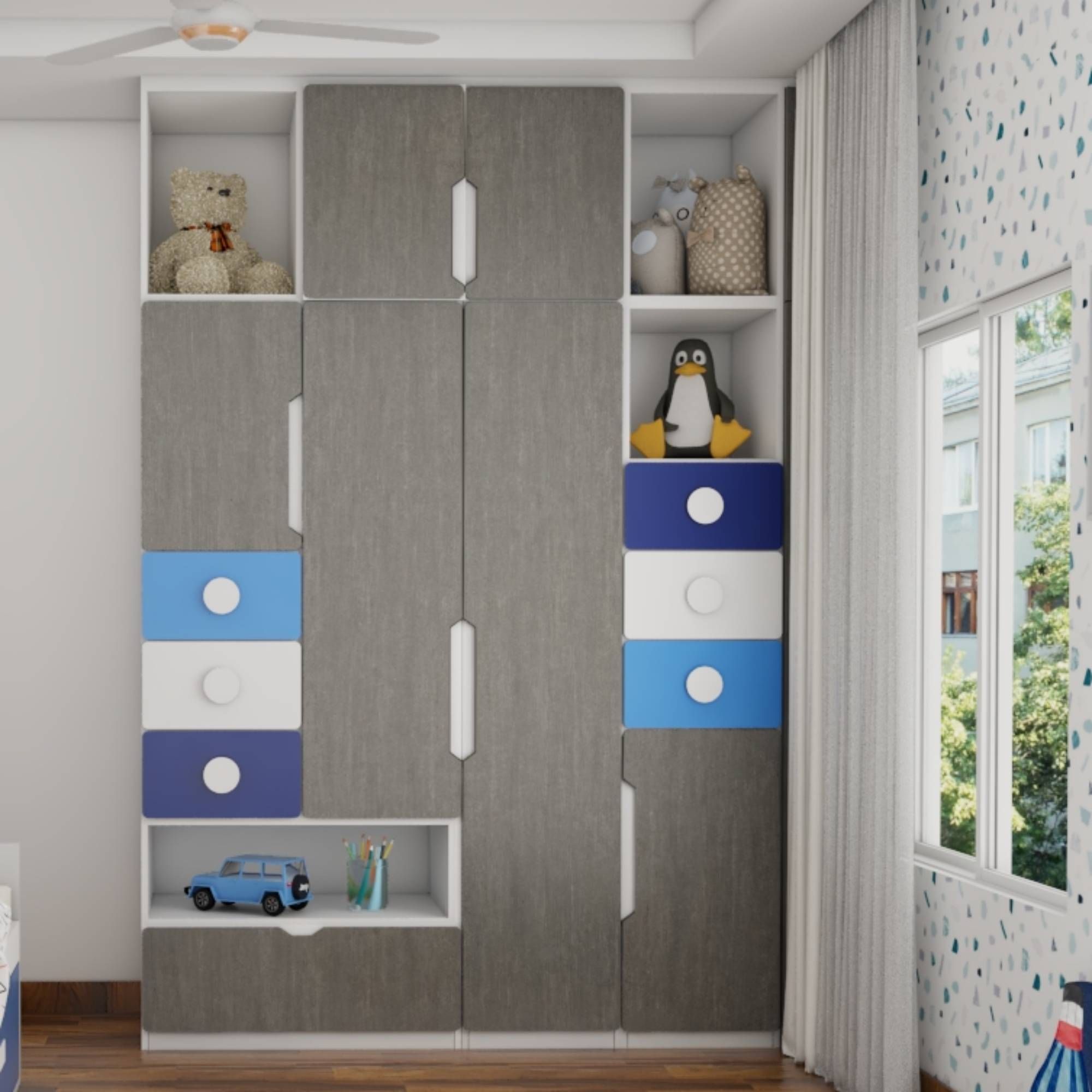 Modern 2-Door Swing Wardrobe with Loft in Grey White and Blue Laminate Finish