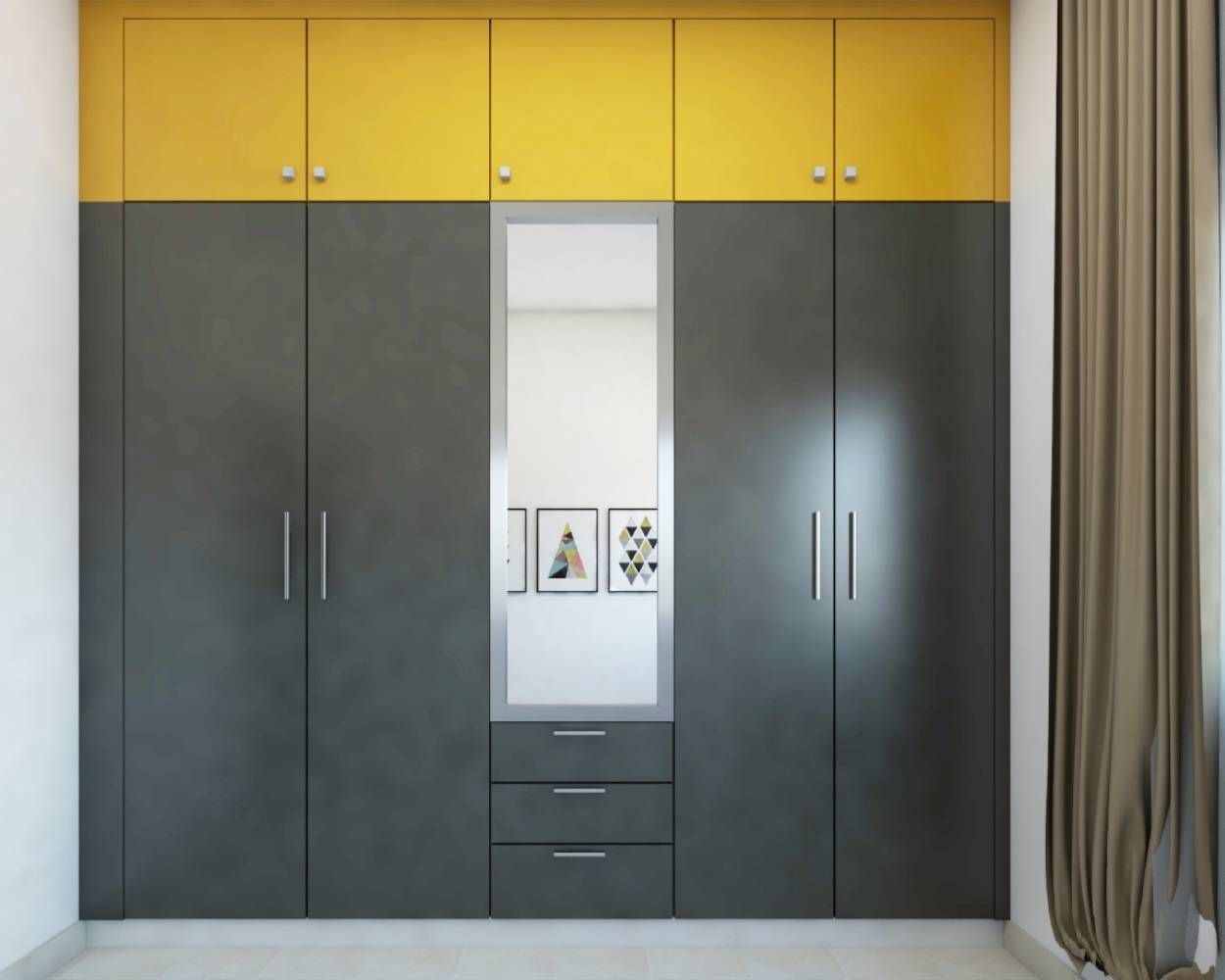 Grey And Yellow Modern Wardrobe Design With A Mirror