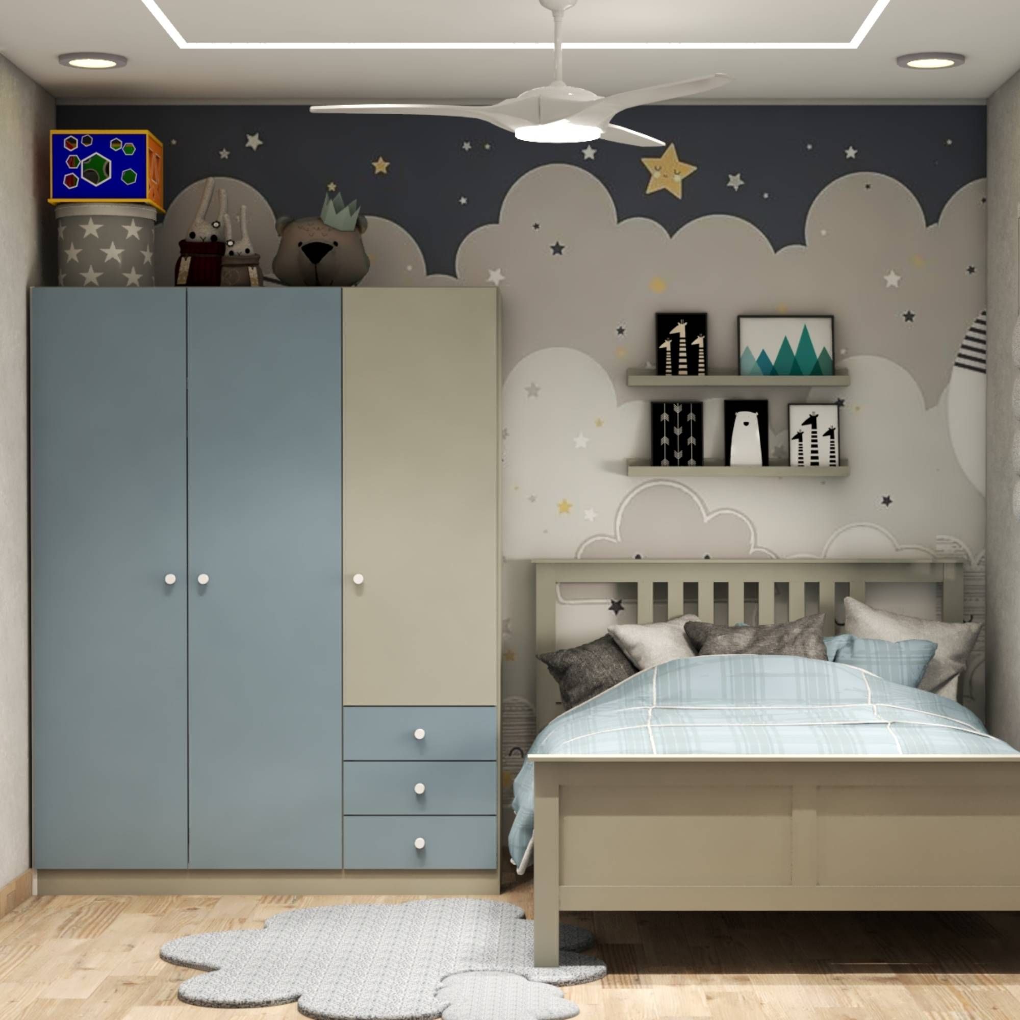Modern Blue And Beige 3-Door Swing Wardrobe Design