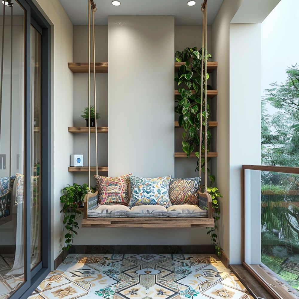 Plant Shelves & Wooden Swing: Tropical Home Balcony Design | Livspace