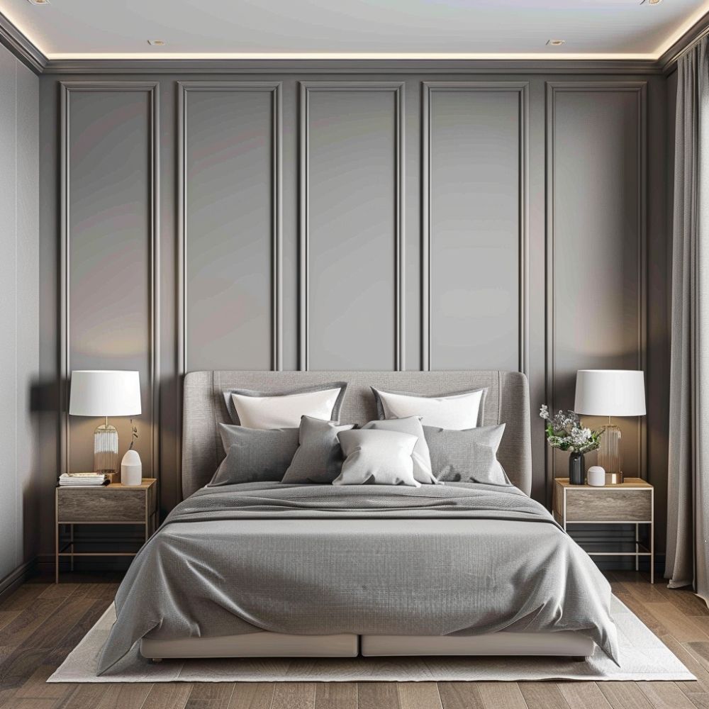 Cozy Grey Master Bedroom Design: Wooden Side Tables & Lamp | Livspace