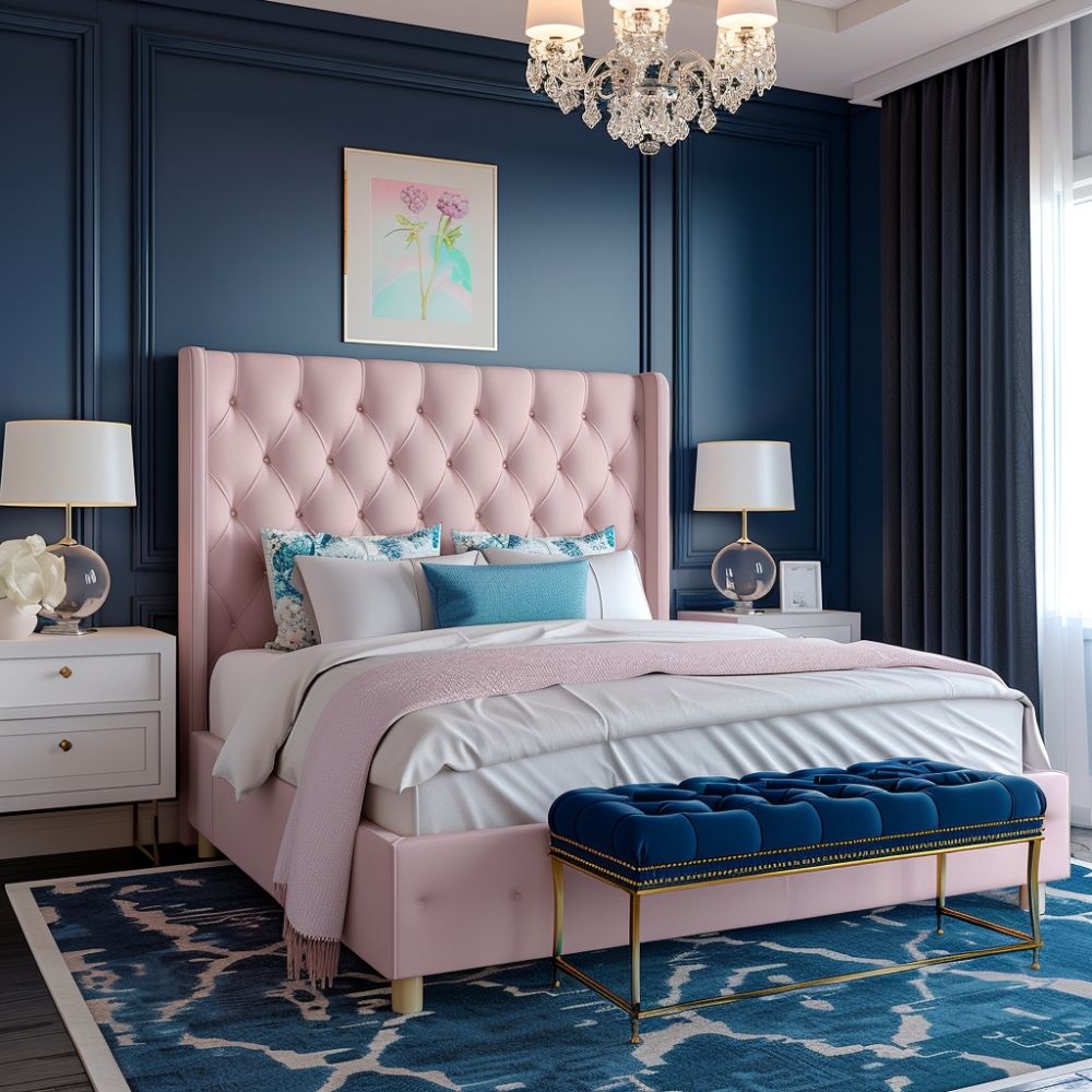 Glam Pink Bed & Blue Walls: Classic Master Bedroom Design | Livspace