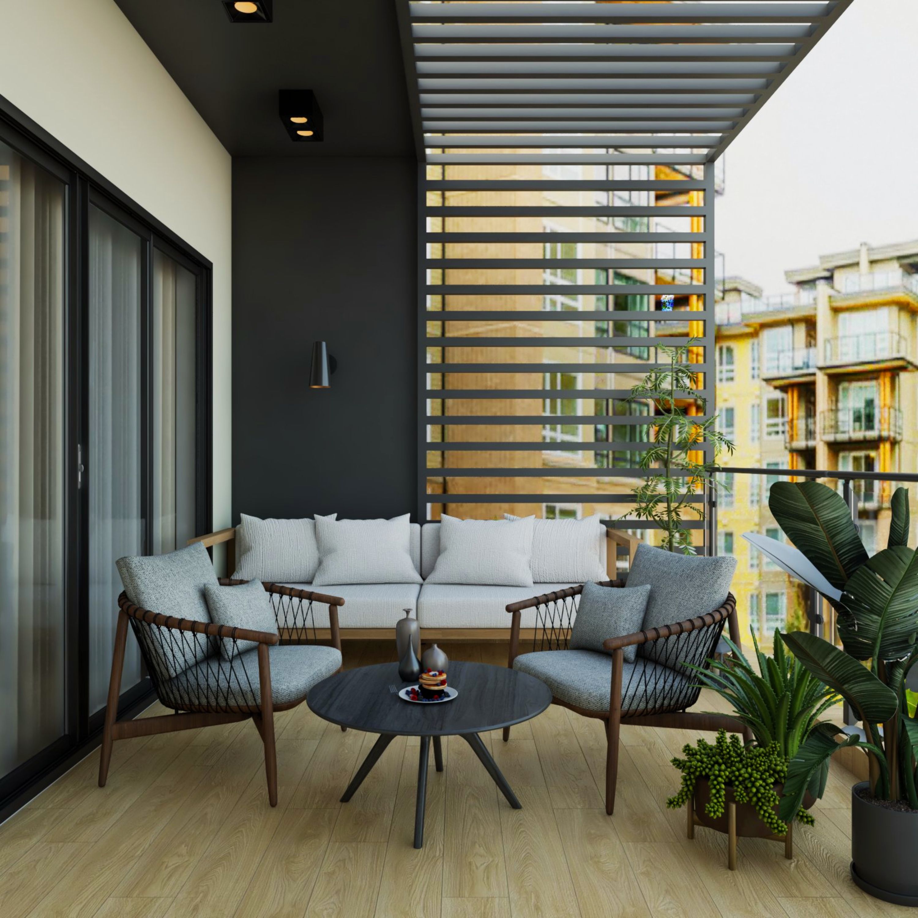 Modern Balcony Design With Dark Grey Wall Paint And Open Ledges