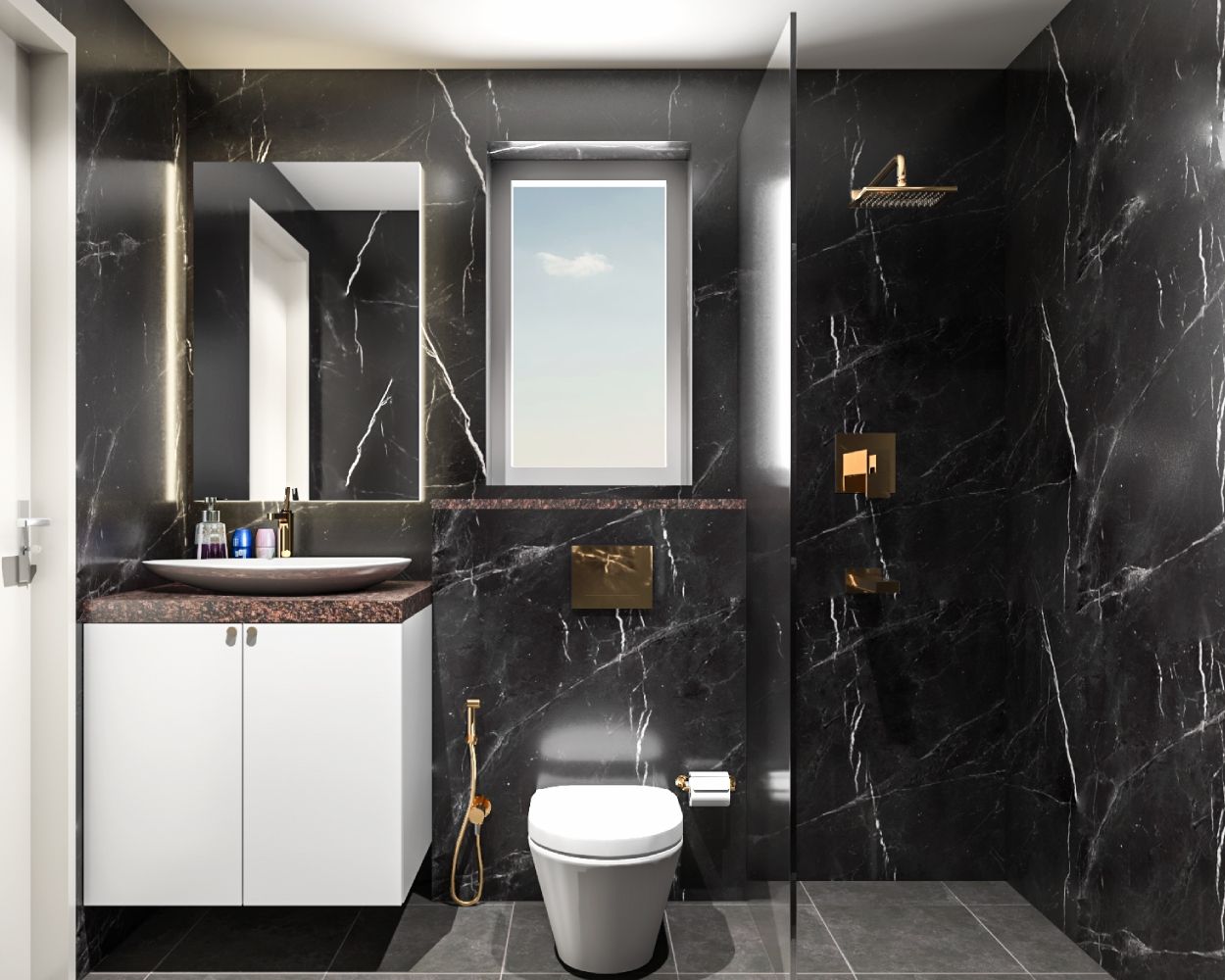 Modern All-Black Bathroom Design With White Bathroom Cabinet