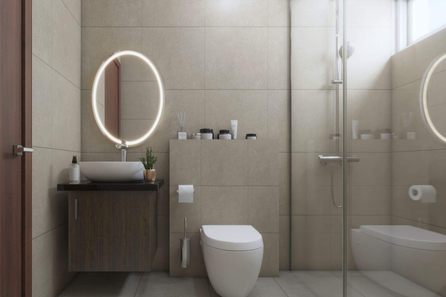 Modern Beige Bathroom Design With LED Oval Mirror And Wooden Bathroom Cabinet