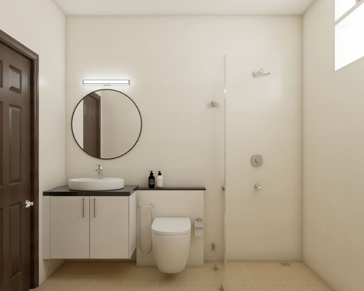 Minimal Cream-Toned Bathroom Design With Round Black-Framed Mirror