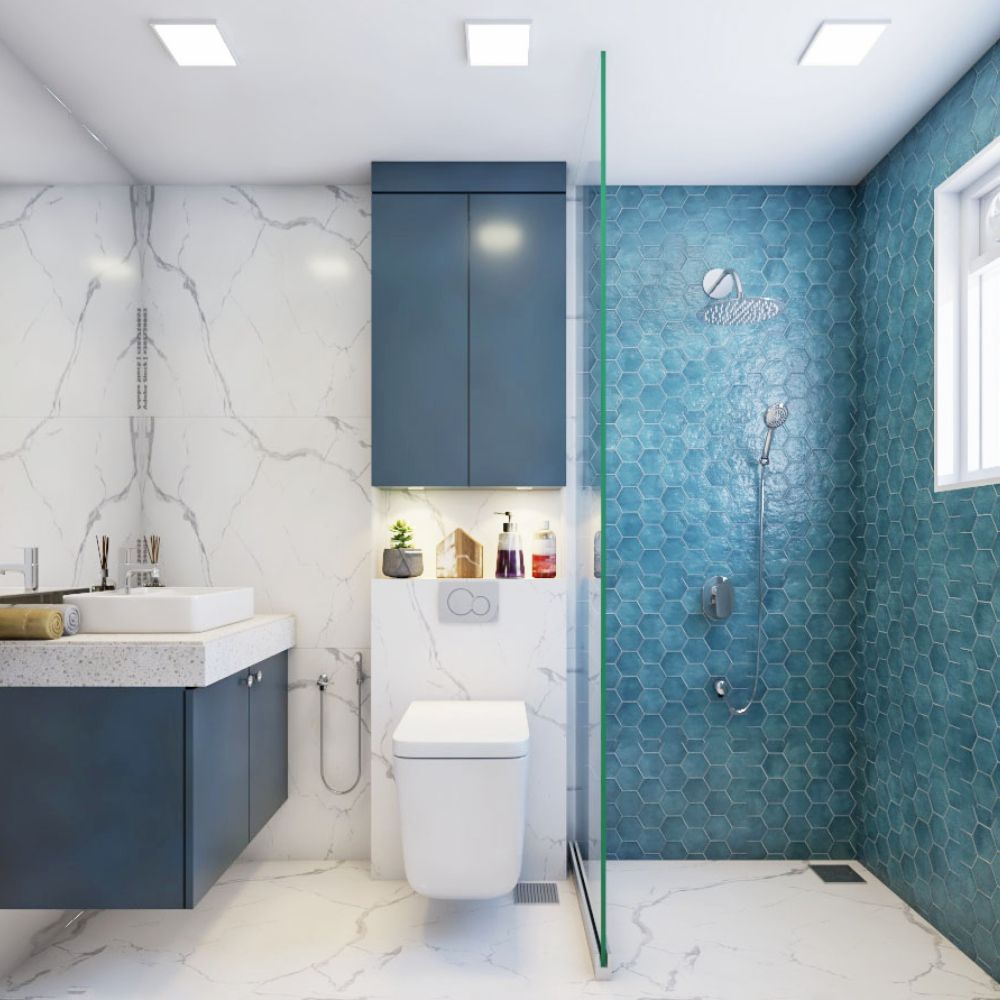 Modern Blue And White Bathroom Design With Terrazzo Bathroom Countertop