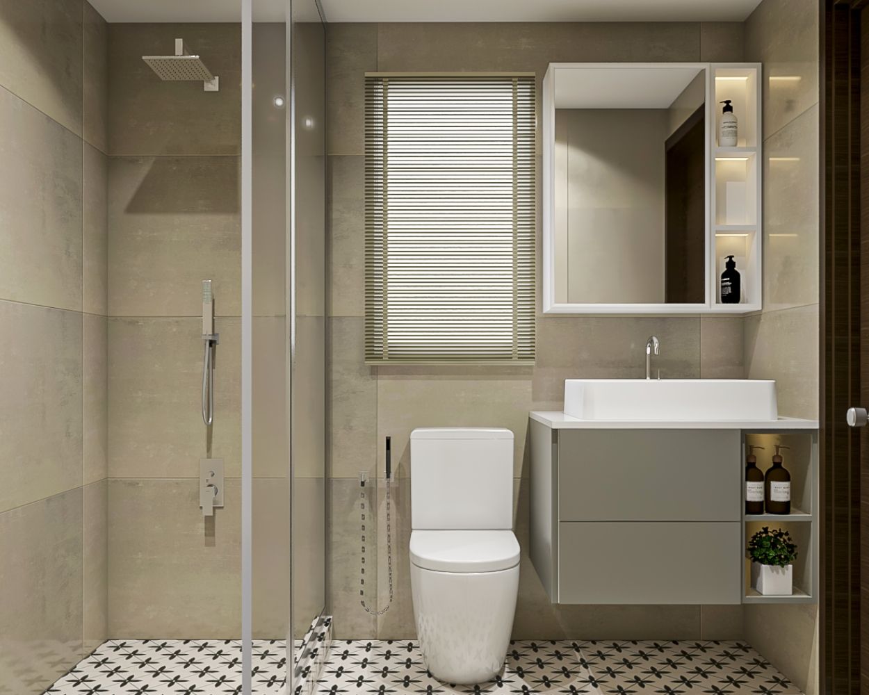 Modern Dark Beige Small Bathroom Design With Grey Bathroom Cabinet