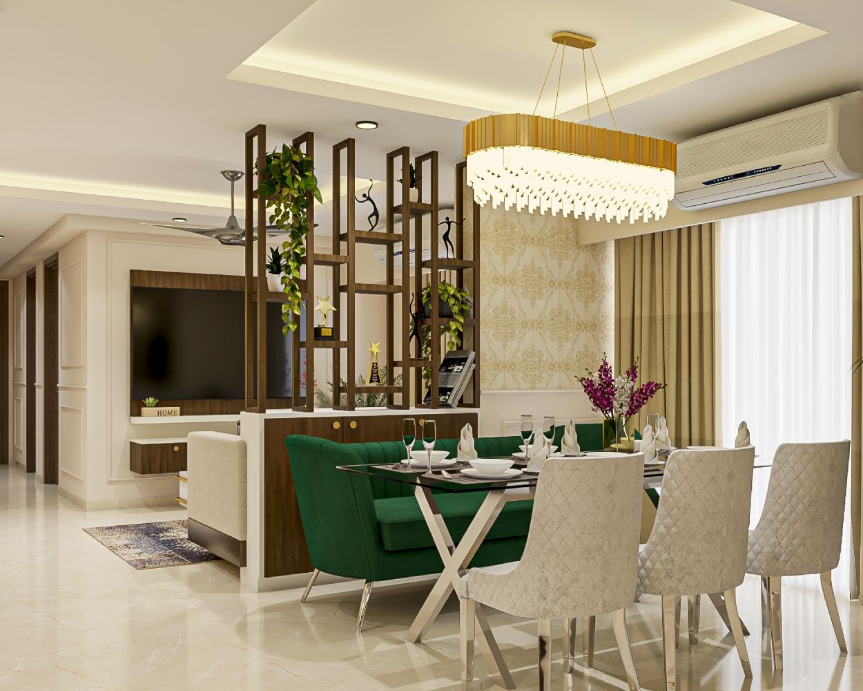 Contemporary White And Green Dining Room Design With Overhead Chandelier