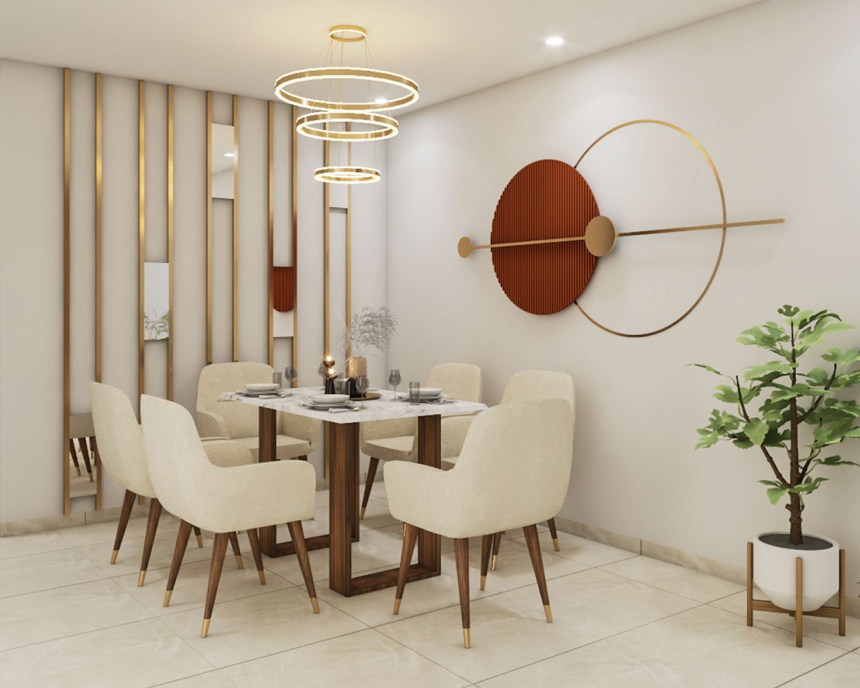 Contemporary 6-Seater White And Beige Dining Room Design With Gold Wall Panelling