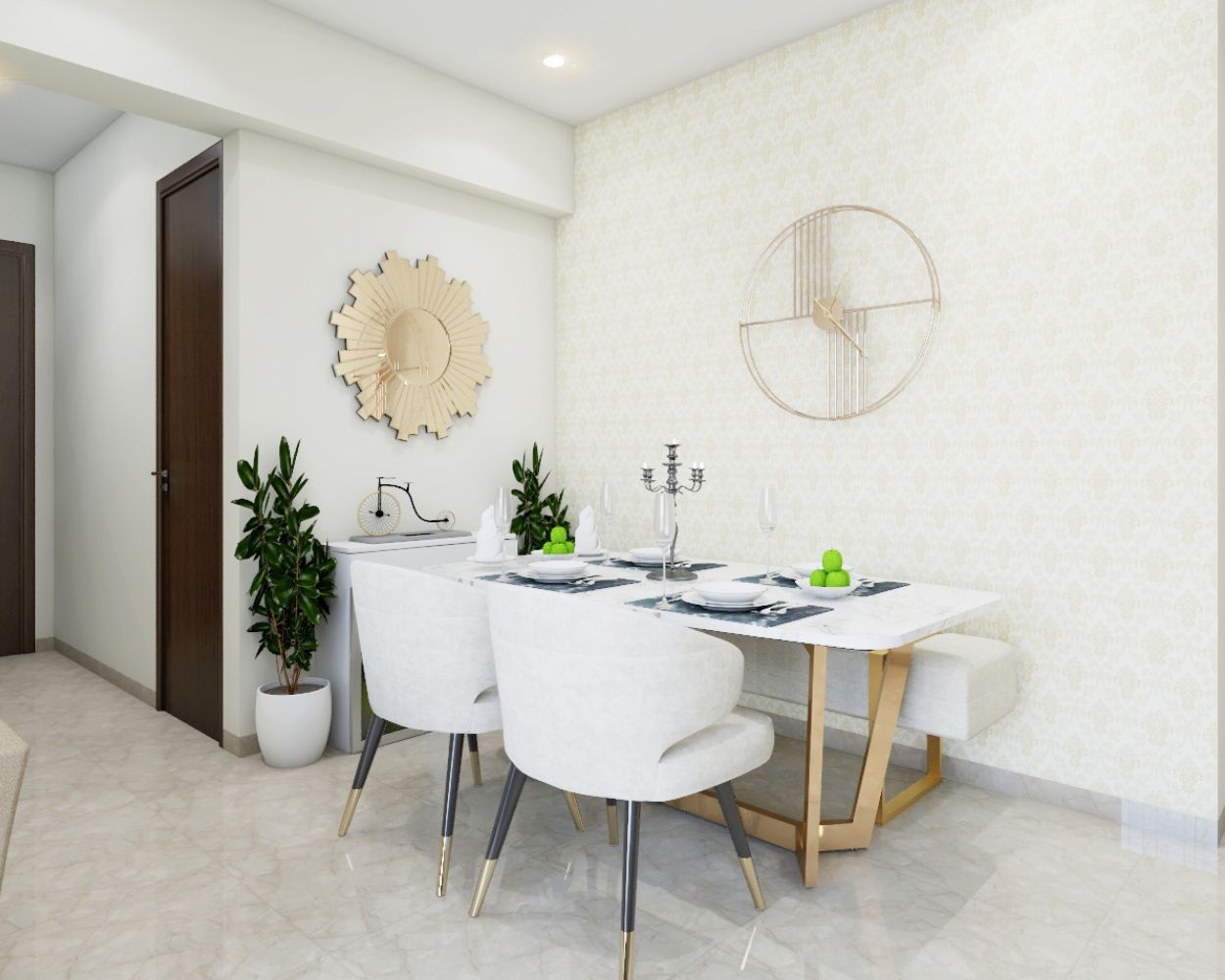 Contemporary 2-Seater White Dining Room Design With Damask Wallpaper