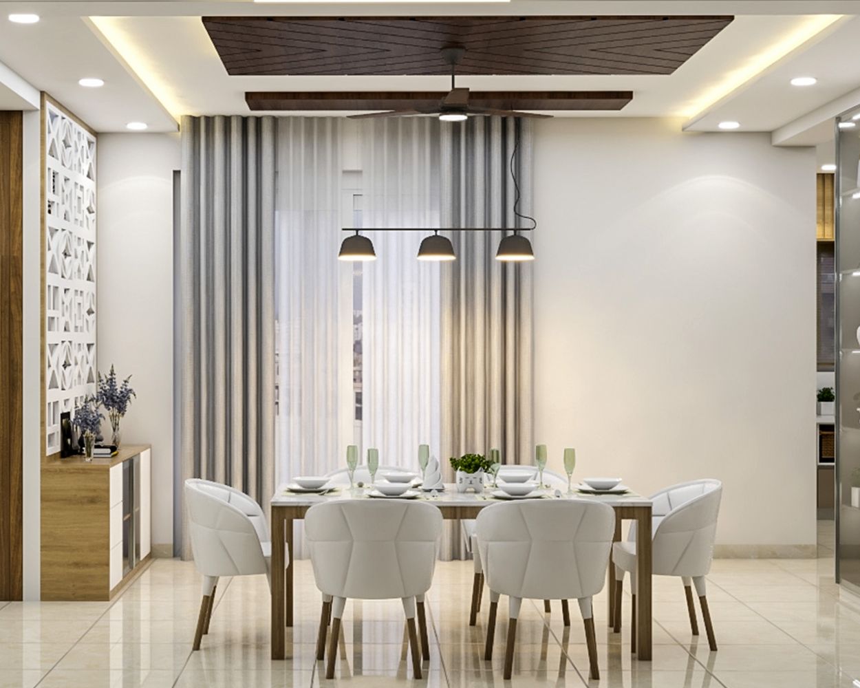 Contemporary 6-Seater White And Wood Dining Room Design With PVC False Ceiling