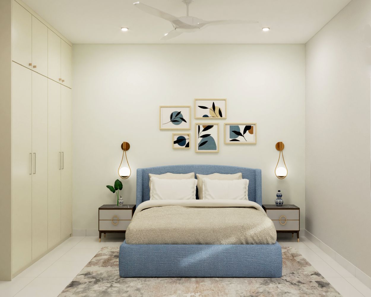 Modern Cream-Toned Guest Room Design With Blue Bed