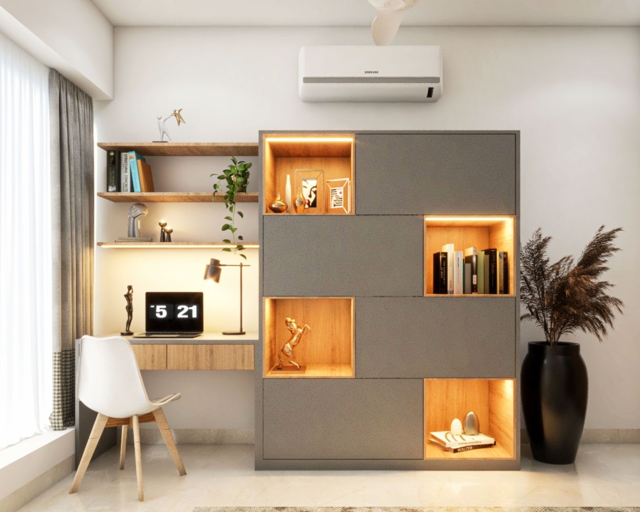 Modern Wood And Grey Home Office Design With Open And Closed Storage Unit