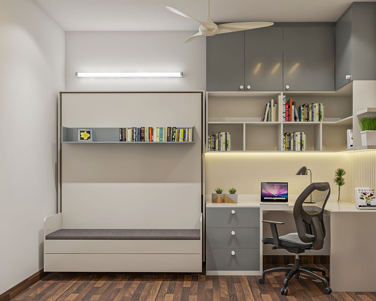 Modern Grey And White L-Shaped Home Office Design With Large Seater