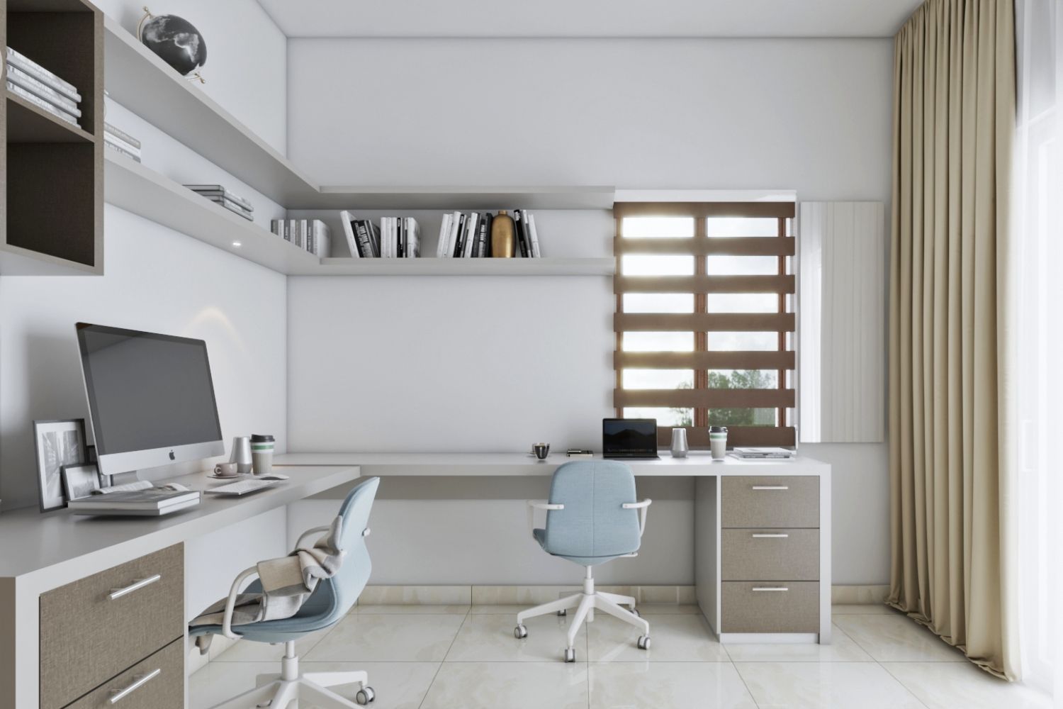 Modern White And Light Wood Home Office Design With L-Shaped Layout