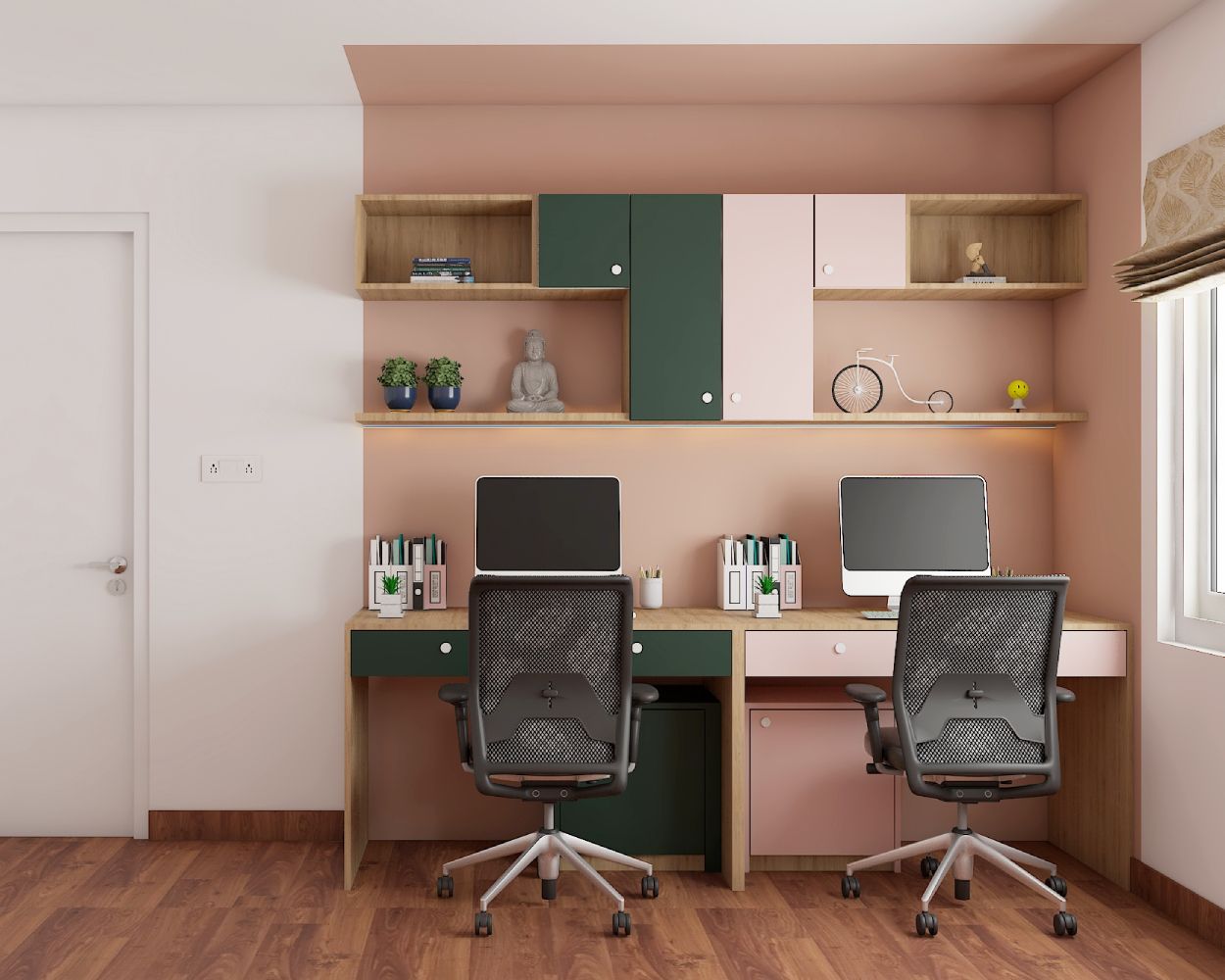 Modern Green And Pink Home Office Design For Two With Wooden Accents
