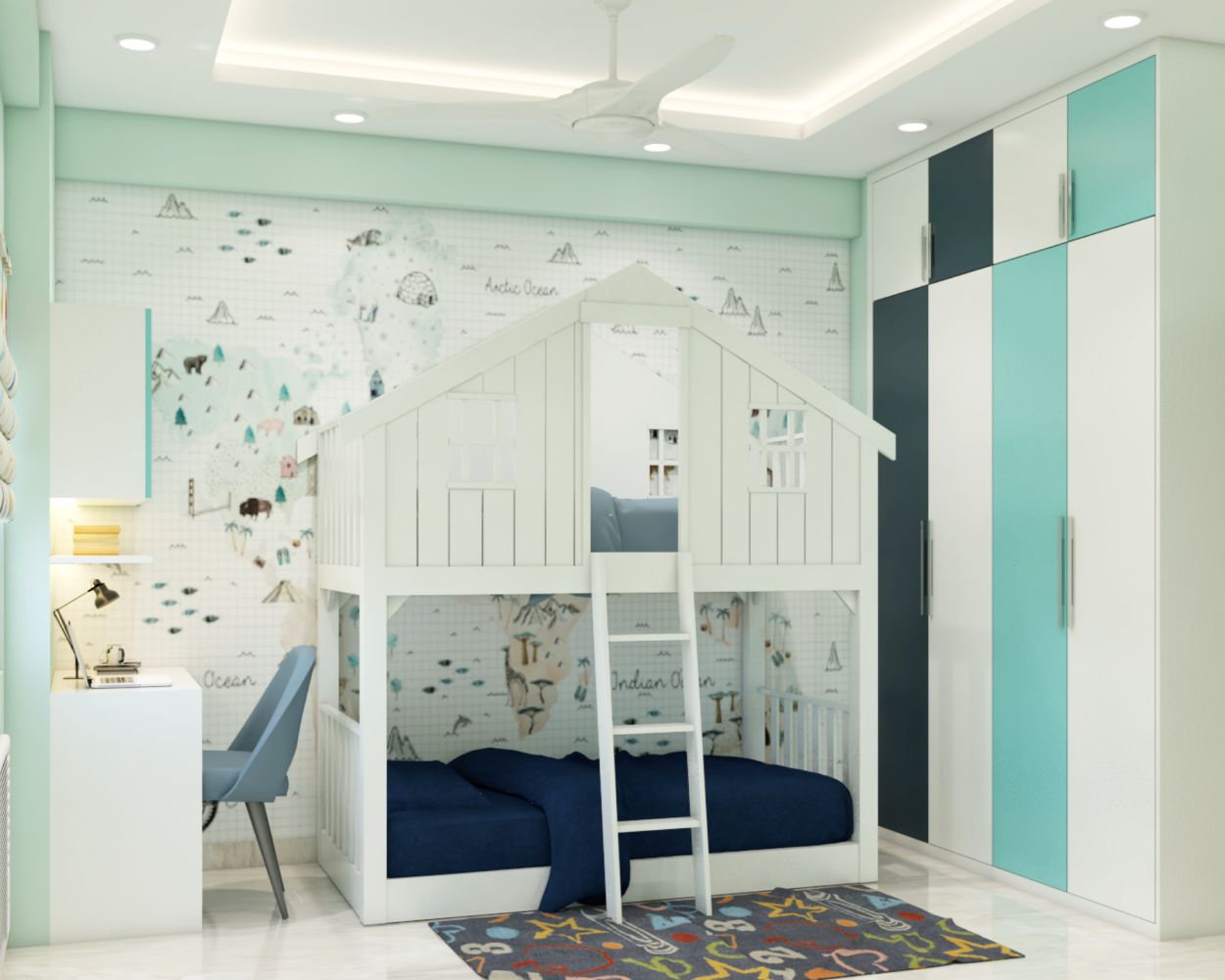 Space-Saving Bunk Bed & Study Table: Modern Shared Kids Bedroom Design ...