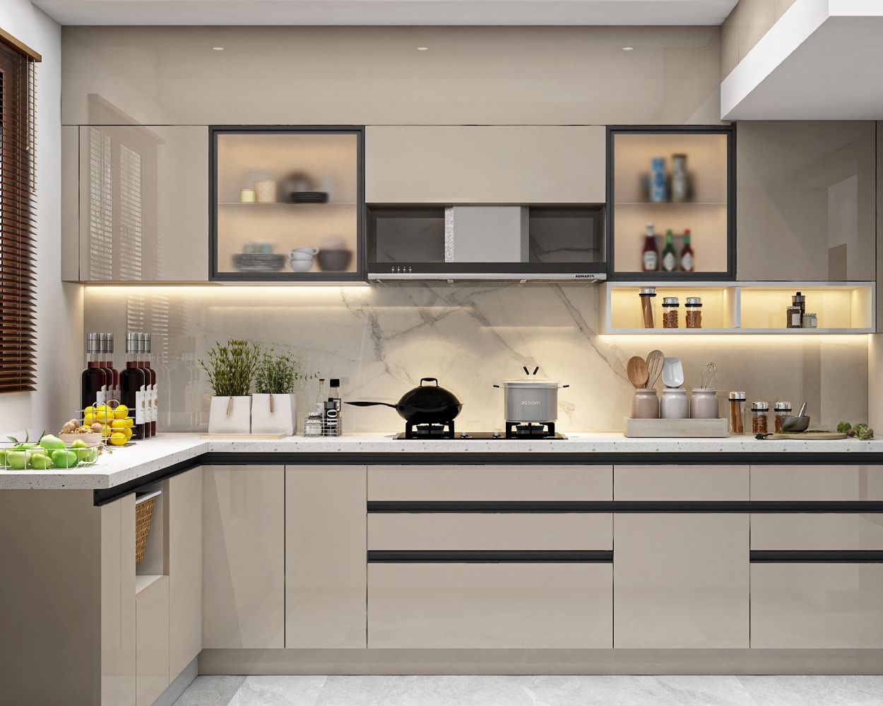 Wicker Storage Modern L-Shaped Kitchen Design With Quartz Countertop ...