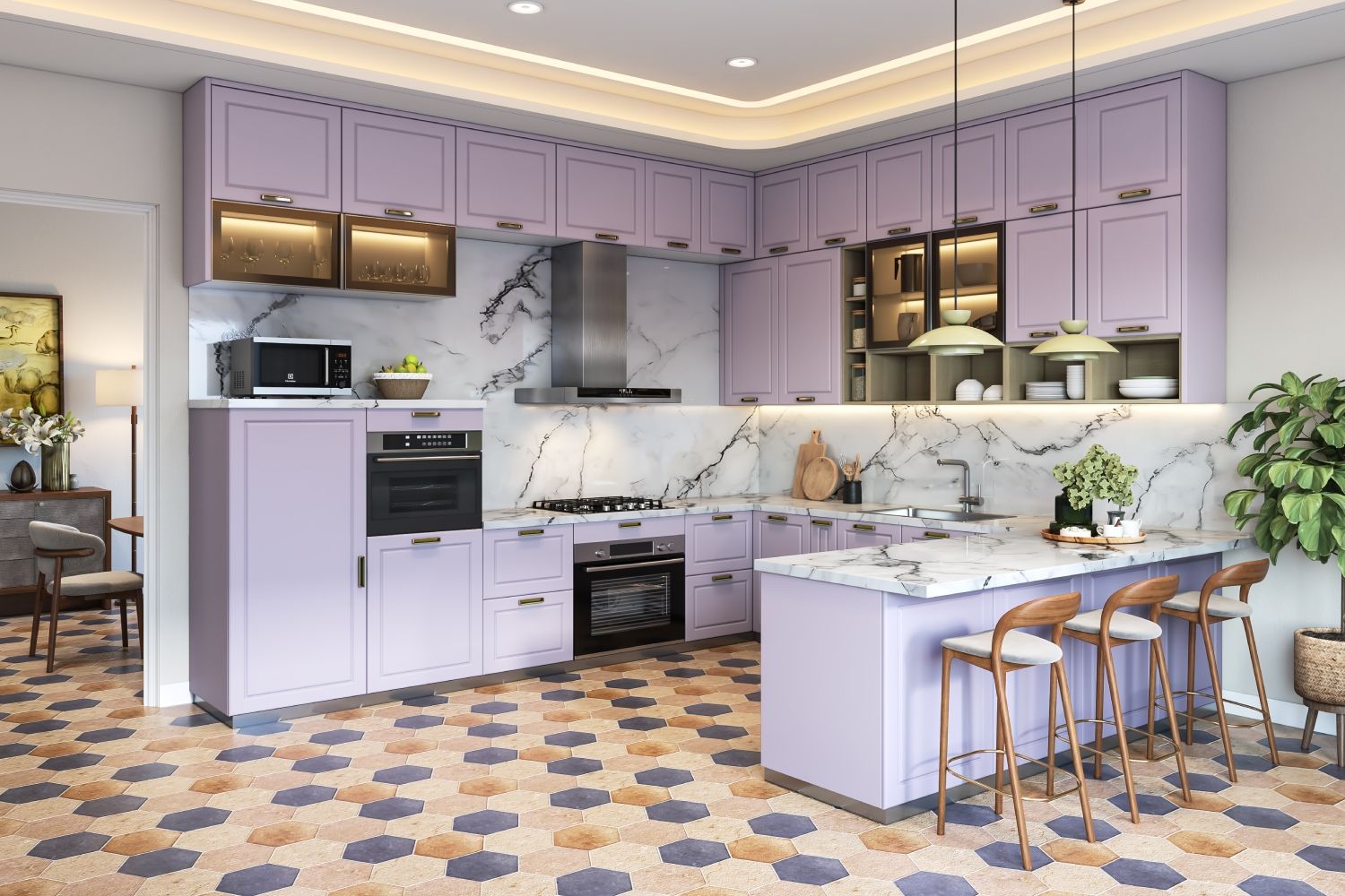 Spacious Lavender Modular Kitchen Cabinet Design | Livspace
