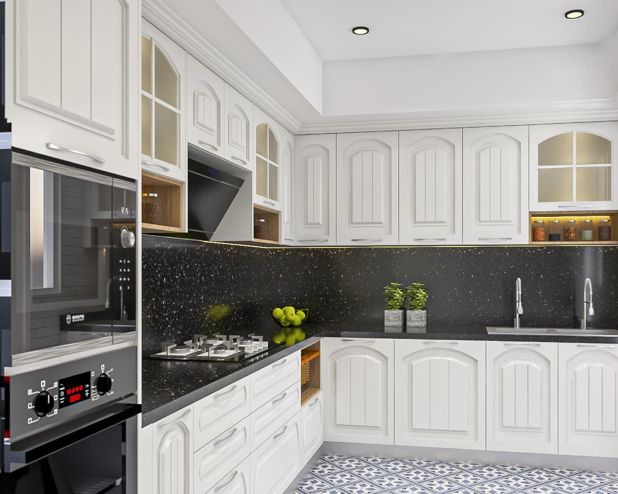 Timeless Classic L-Shape Kitchen Design with Black Terrazzo Countertop ...