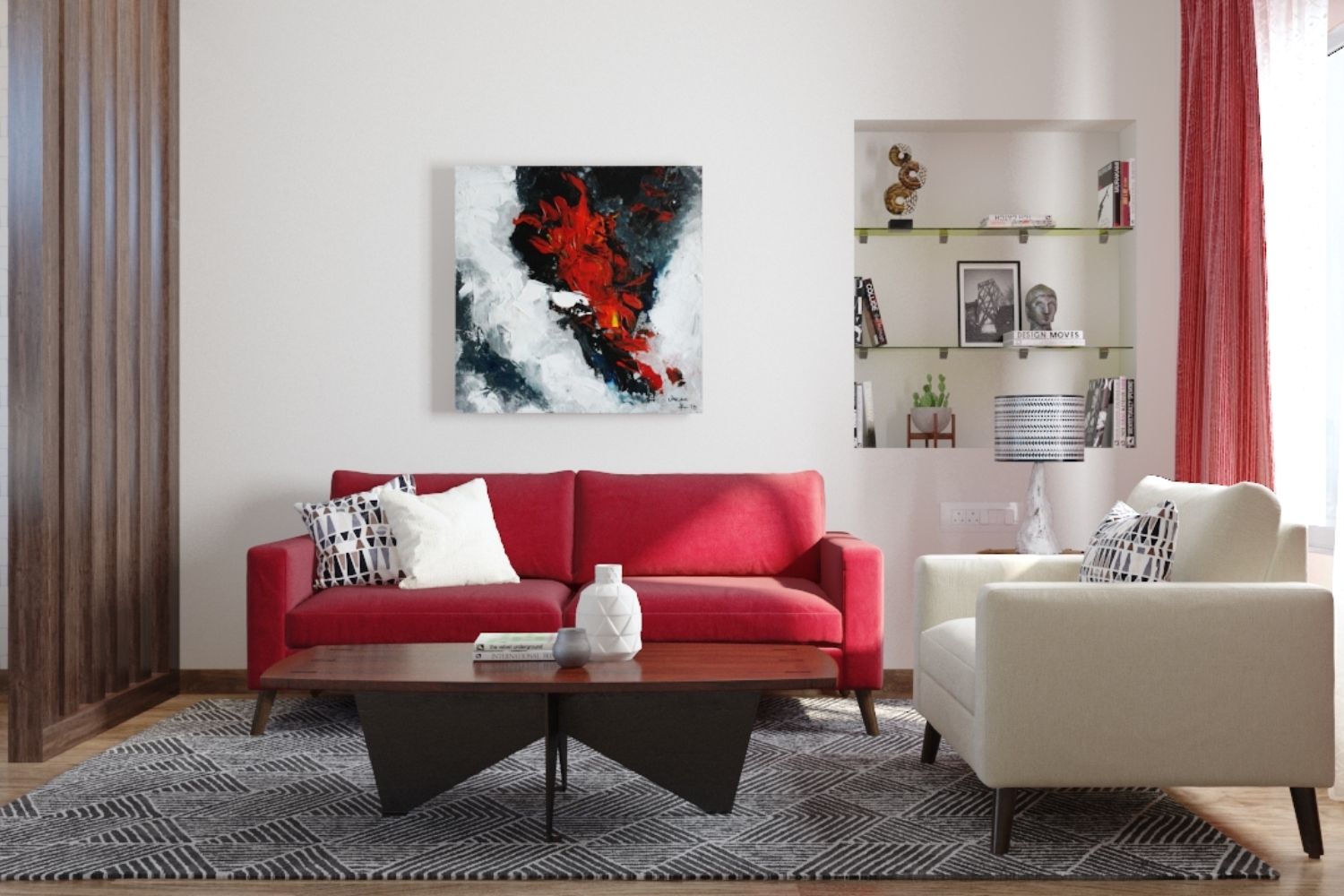 Cozy Modern Living Room Design with Red Sofa, Cream Armchair, and Wood