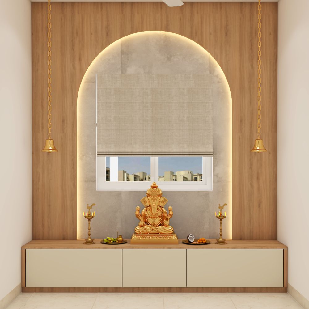 Spacious Floor-Mounted Pooja Room Design With Arched Wood And Marble ...