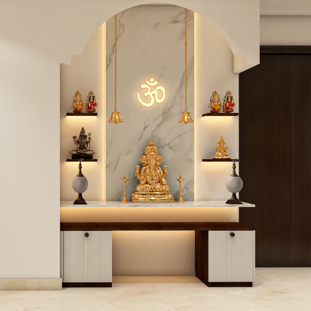 Compact Mandir Design With Wall-mounted Shelves And Lights 