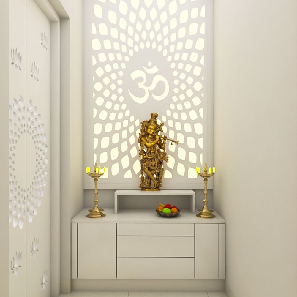Modern All-White Mandir Design With Om Mandala And Ornate Door