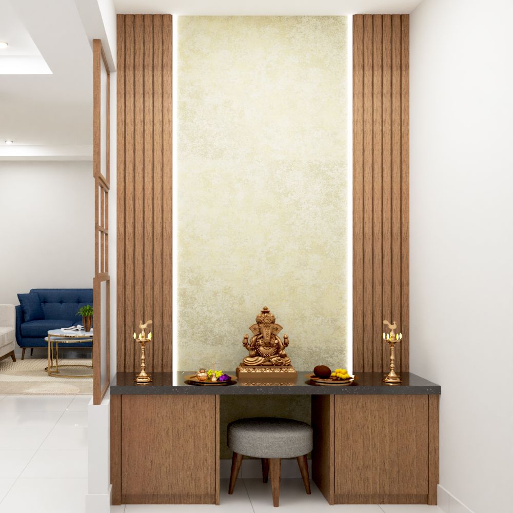 Modern Beige And Wood Mandir Design With Floor-Mounted Storage And Stool