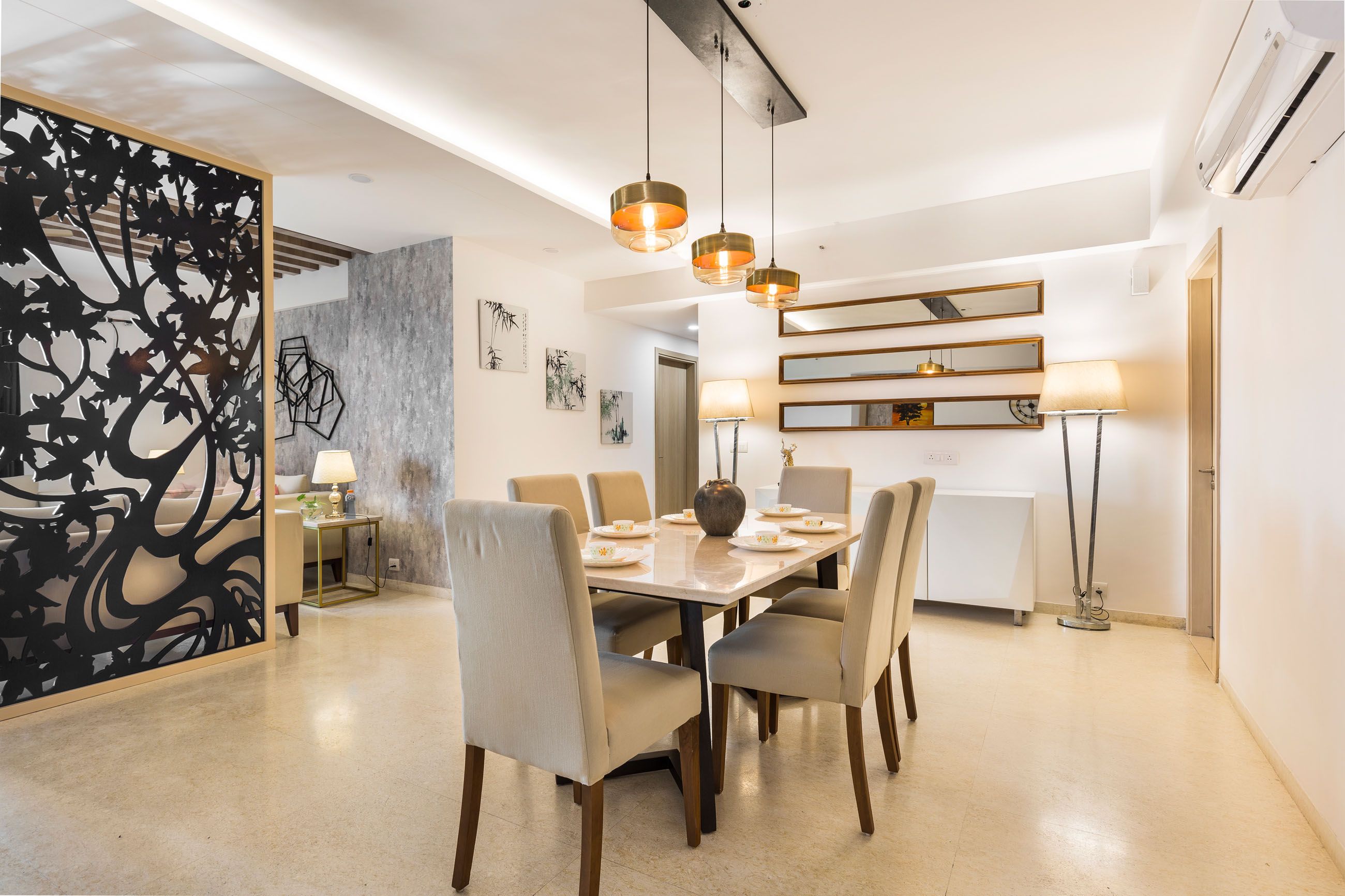 Modern Beige 6-Seater Dining Room Design With White Storage Unit