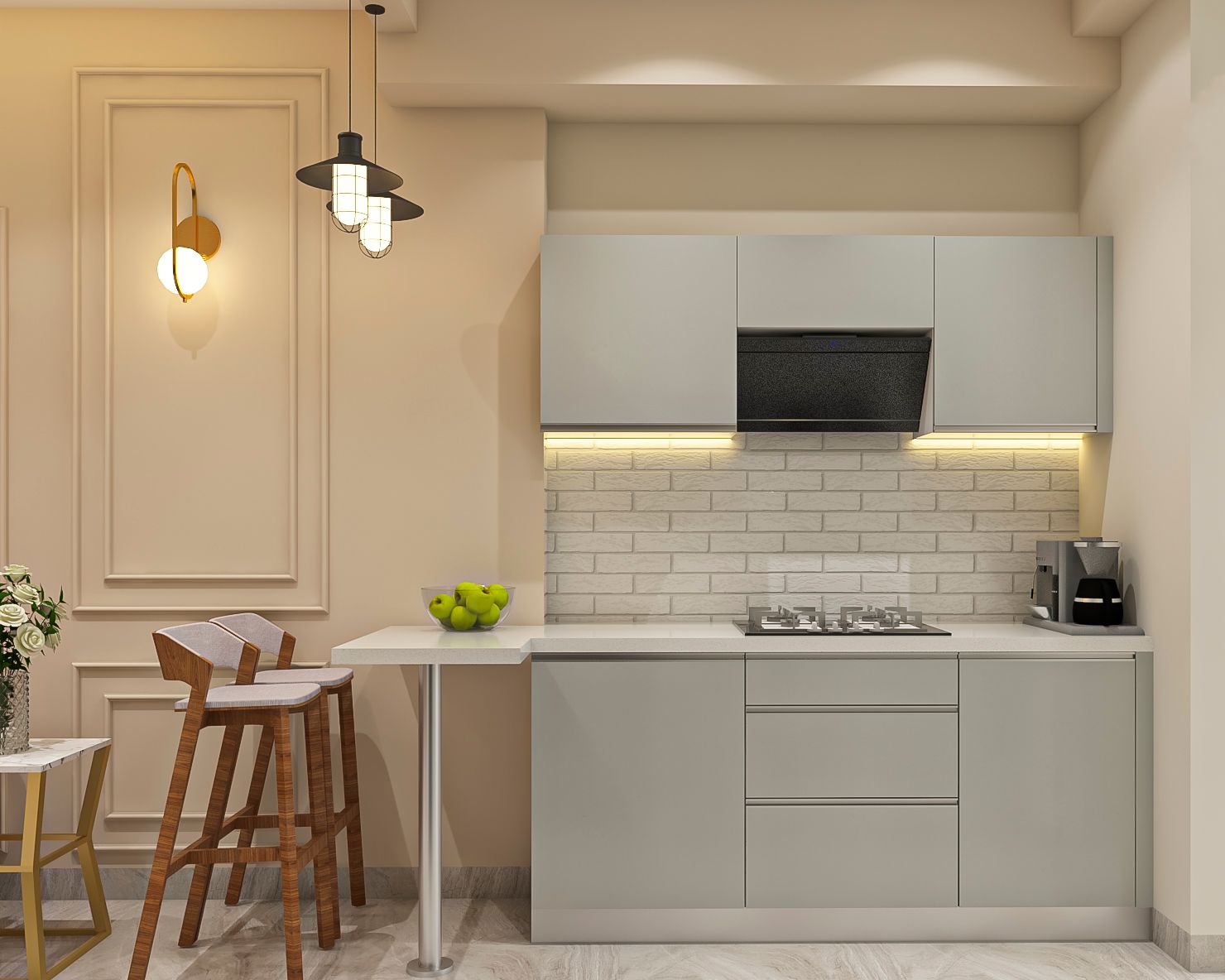 Modern Dove Grey Modular Parallel Kitchen Design With White Brick Subway Dado Tiles