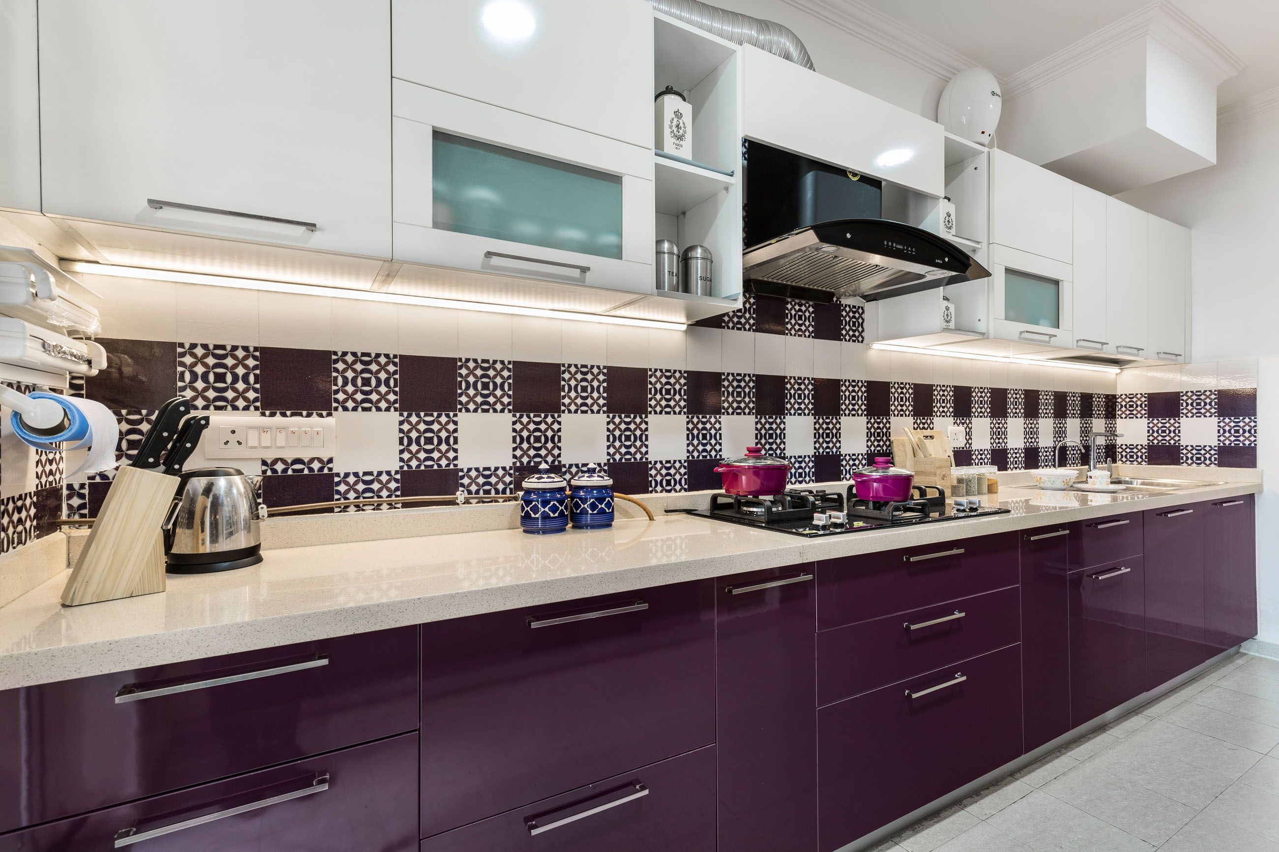 Contemporary Modular Purple And White Parallel Kitchen Design With Beige Kitchen Countertop