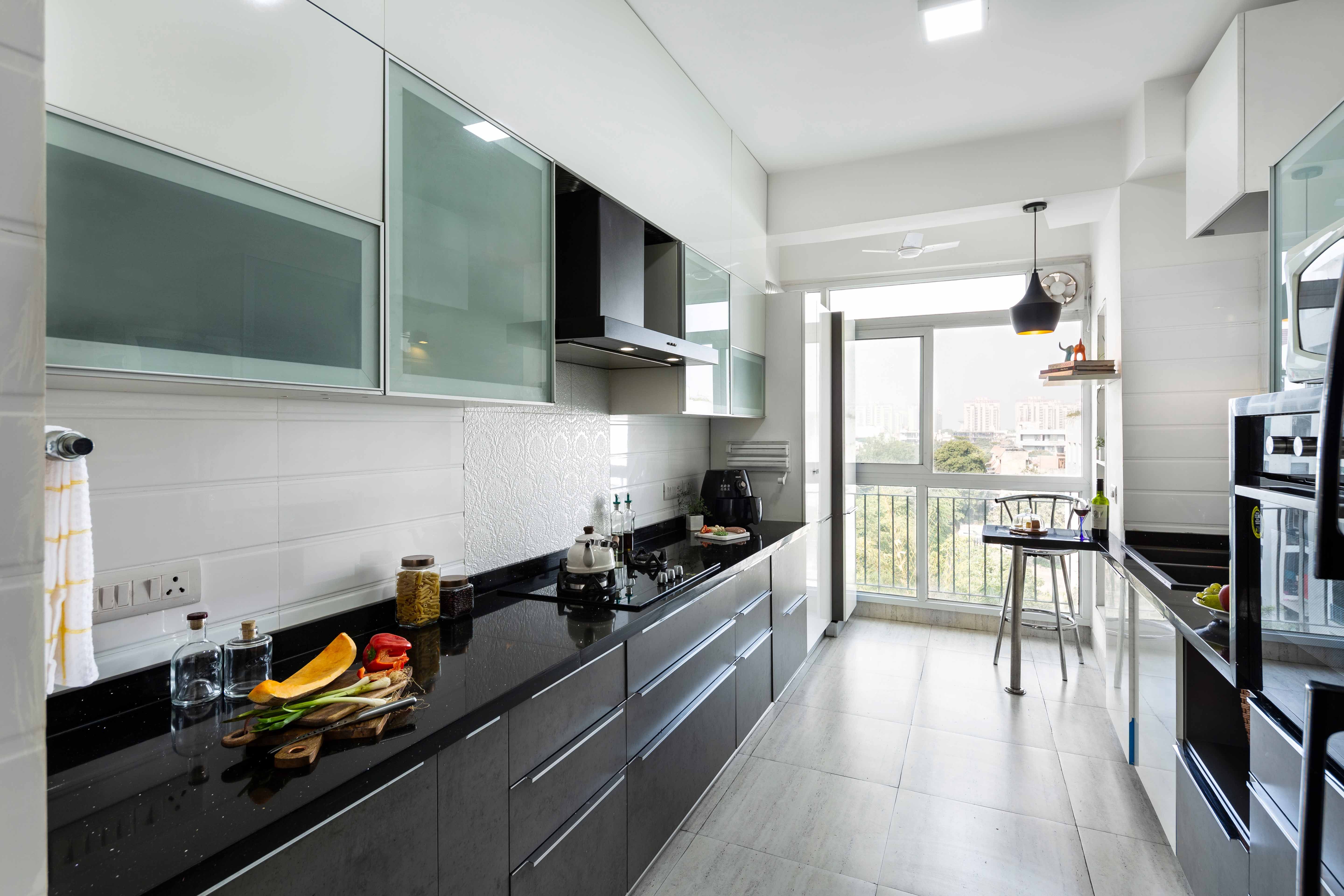 Modern Modular Grey And White Parallel Kitchen Design With White Damask Kitchen Backsplash