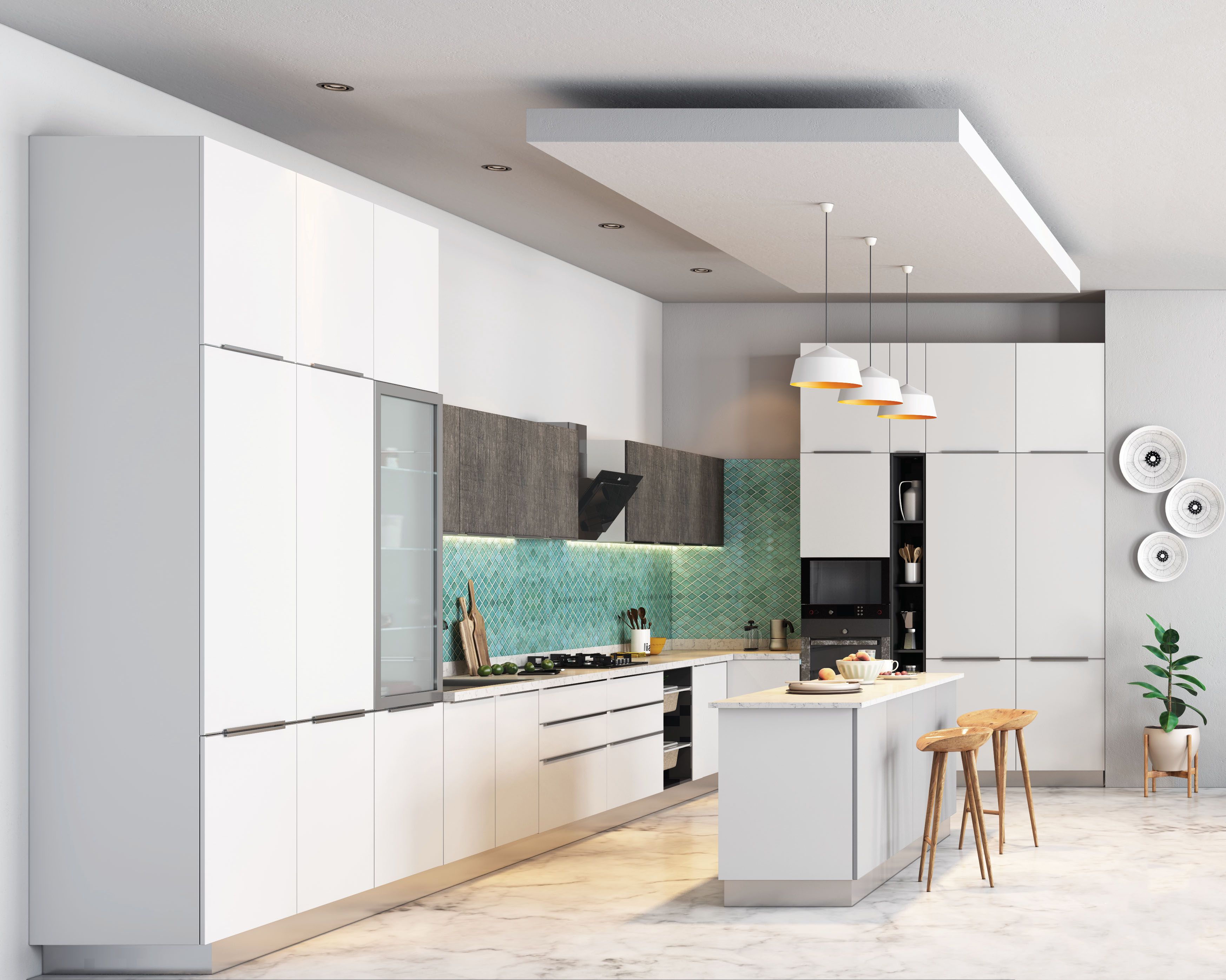 White Modern Drop-Ceiling Design For Kitchens | Livspace