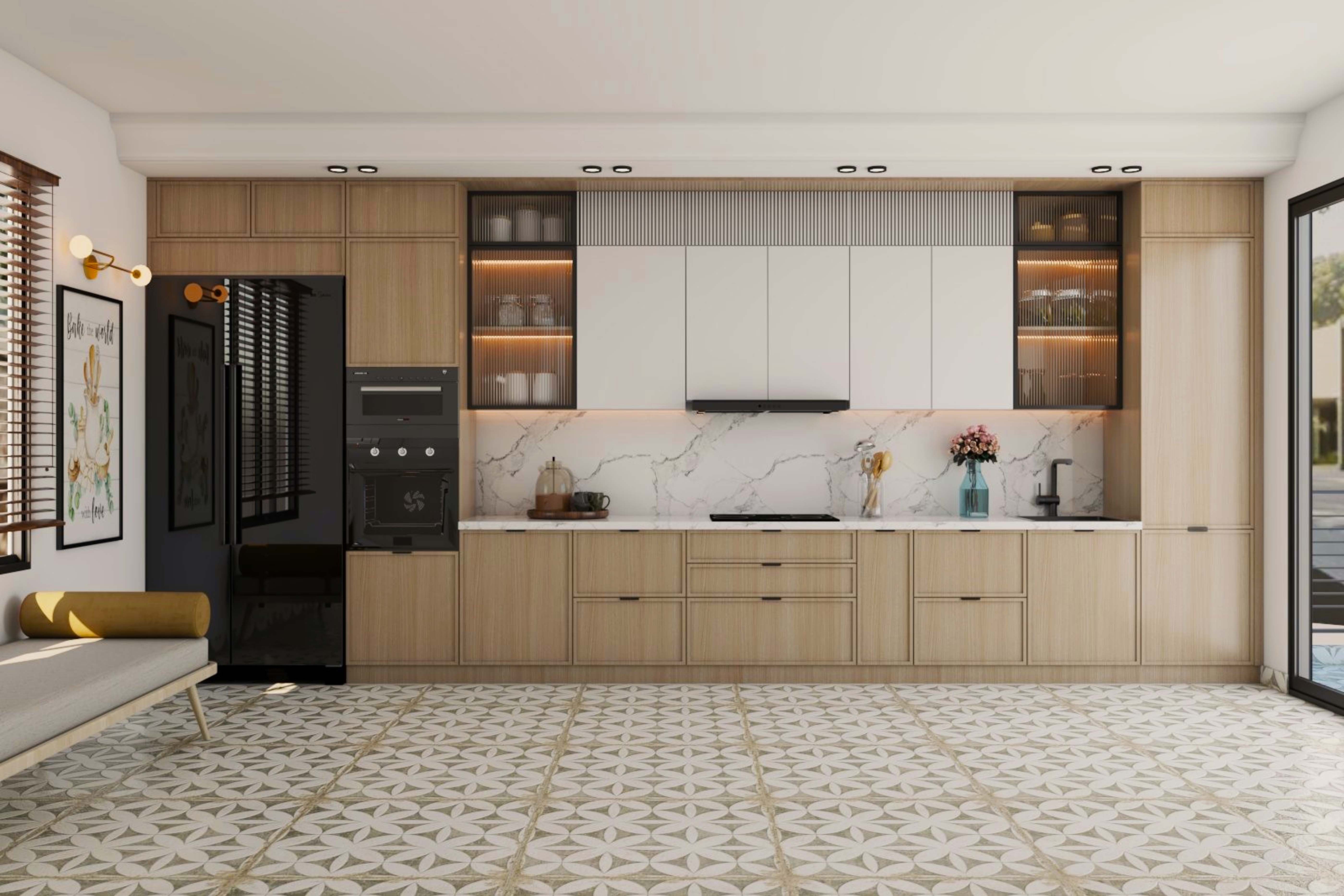 Square White And Brown Kitchen Flooring Design With Geometric Pattern ...
