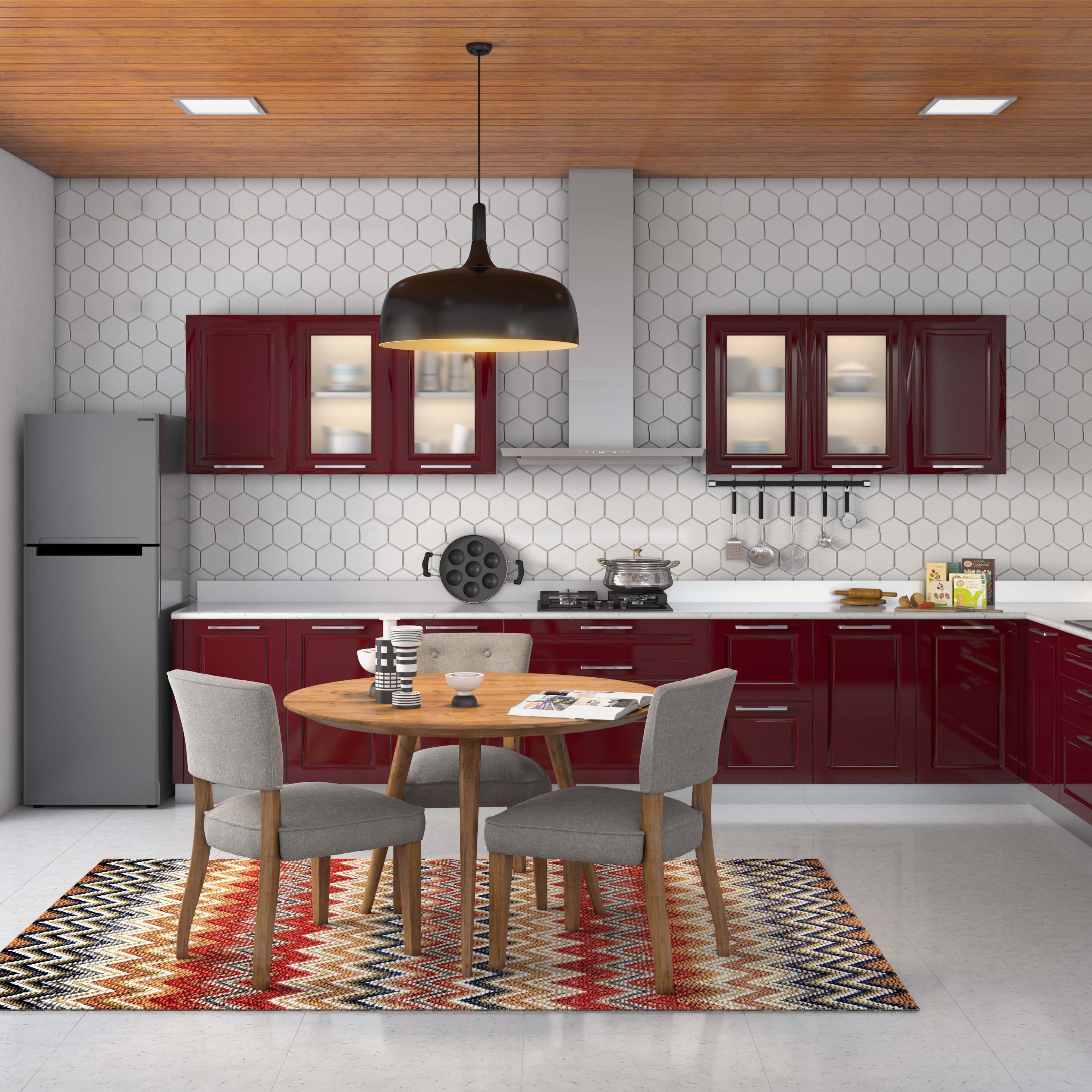 Spacious Maroon Space-Saving L-Shape Kitchen Design With Integrated 3 ...