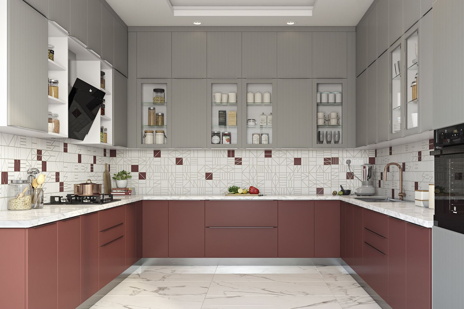 Contemporary Maroon And White Kitchen Tiles With Grid Pattern