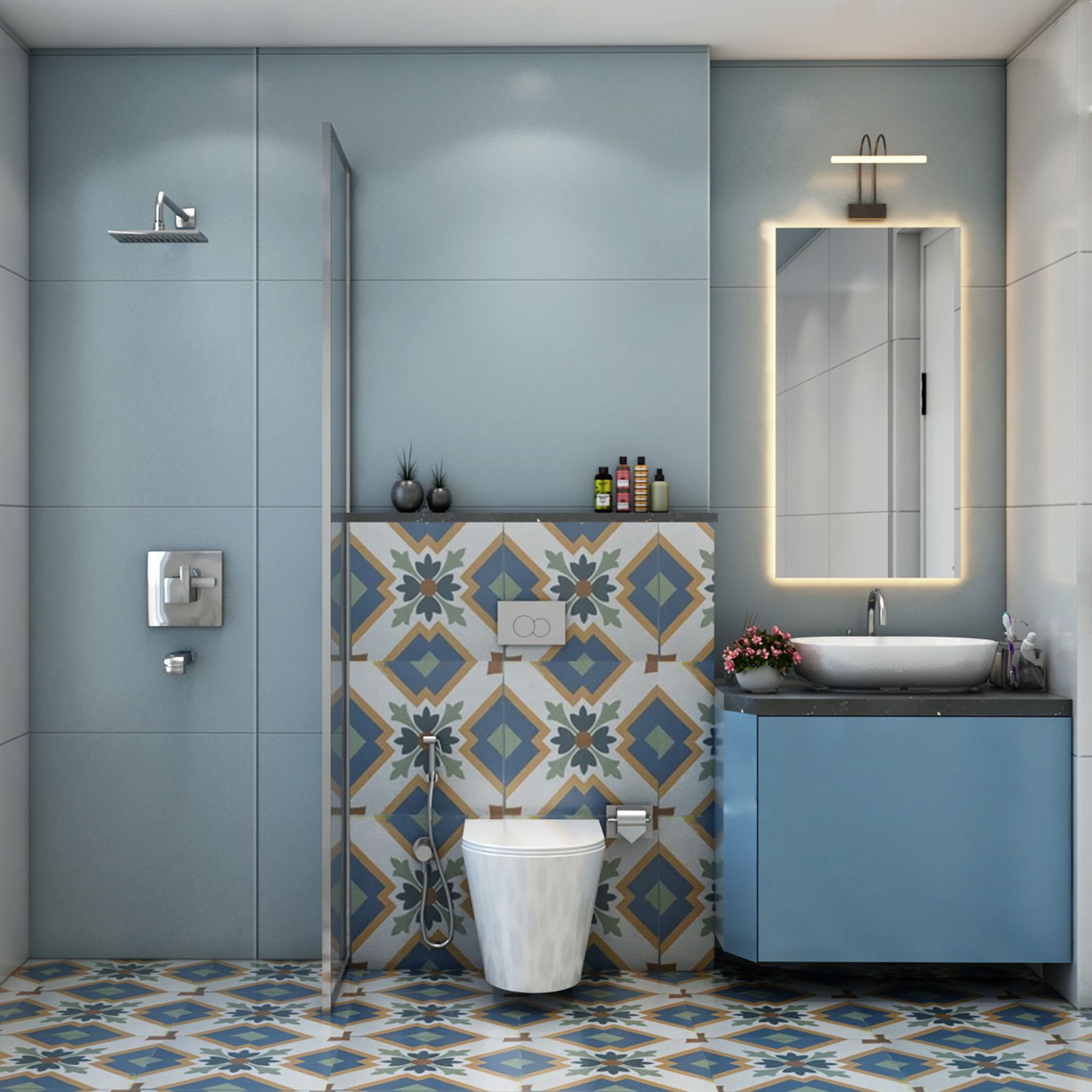 Modern Blue Bathroom Tile Design With Multicoloured Highlighter Tiles