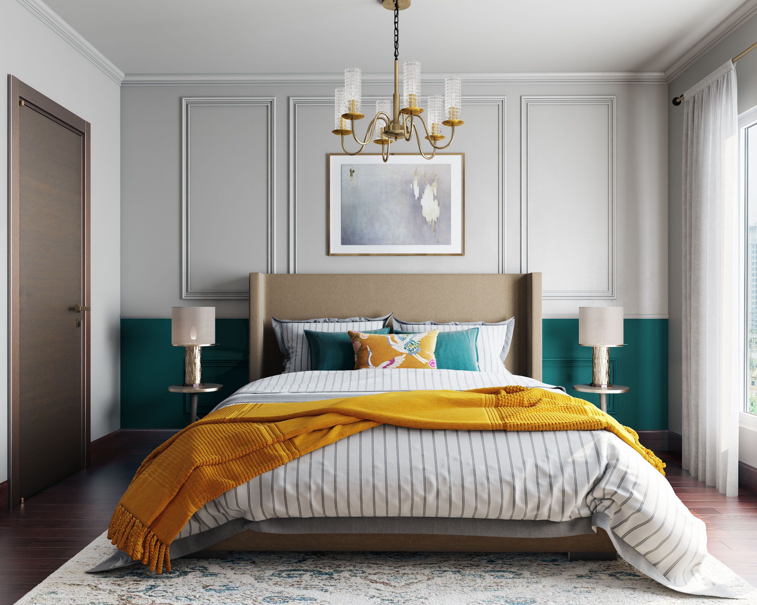 Modern Dual Tone Bedroom Wall Design With White And Teal Blue Paint And Trims