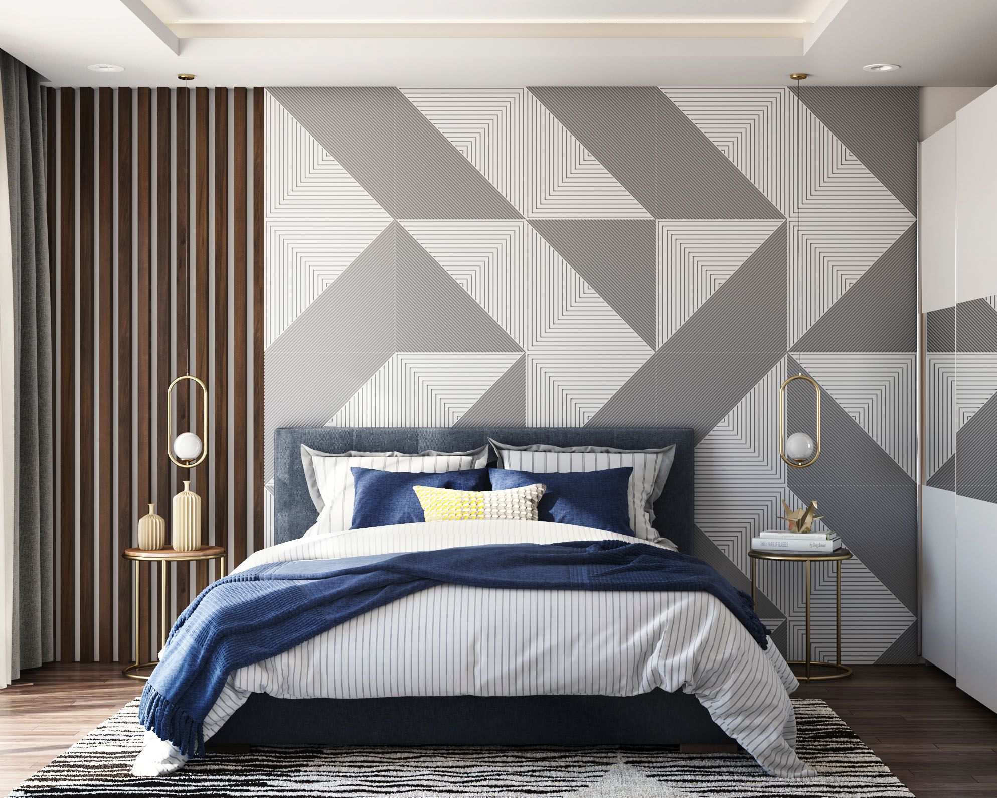 Contemporary Bedroom Wall Design With Geometric Wallpaper And Wall Panelling