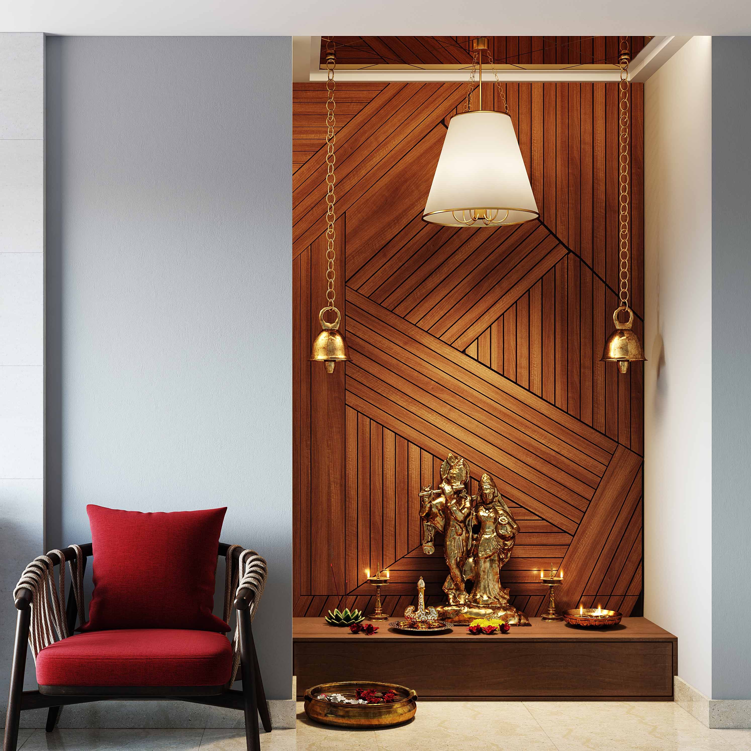 Indian Traditional Wall Design With Wooden Wall Panelling For Pooja Rooms