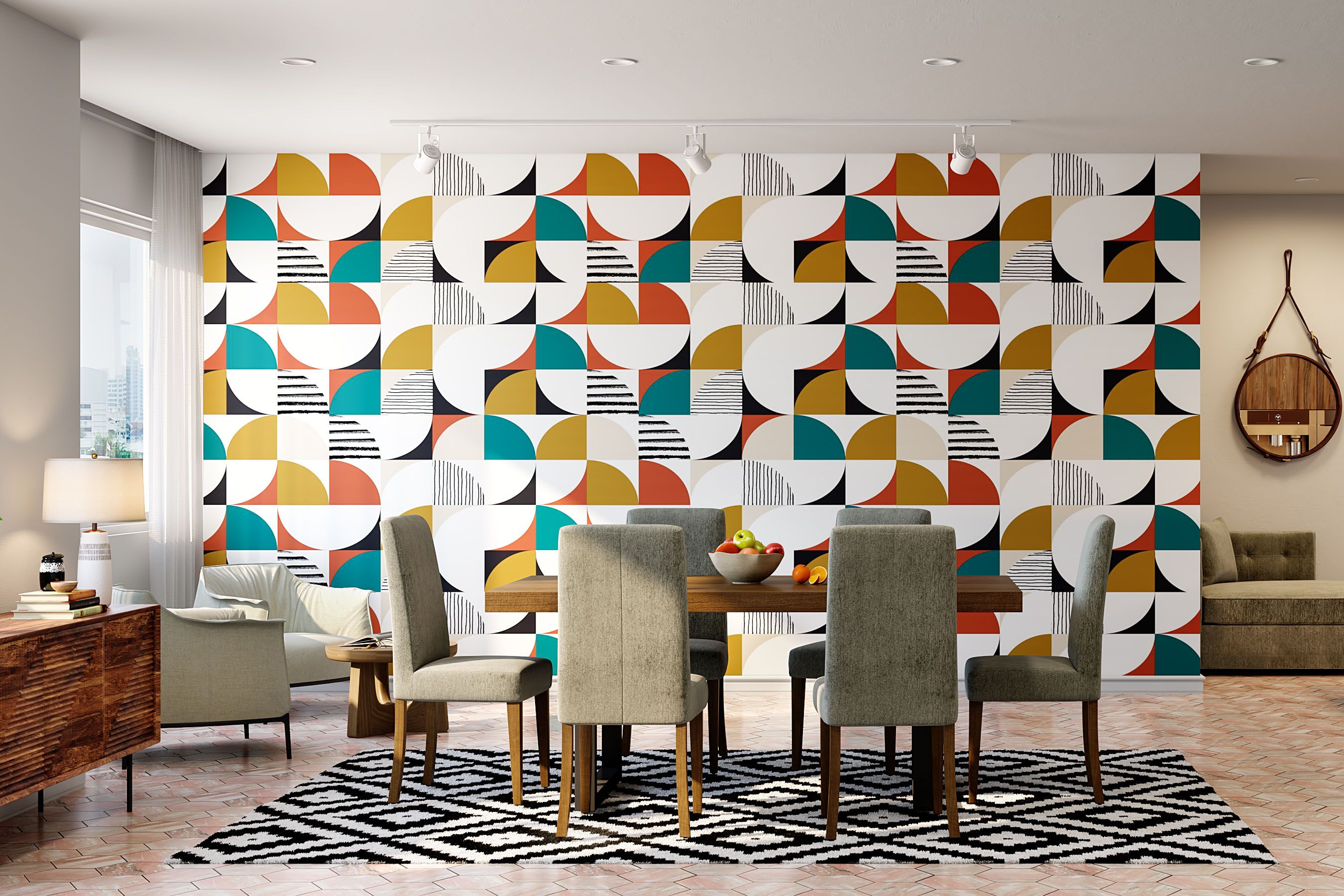 Contemporary Abstract Wall Design With Multicoloured Wallpaper